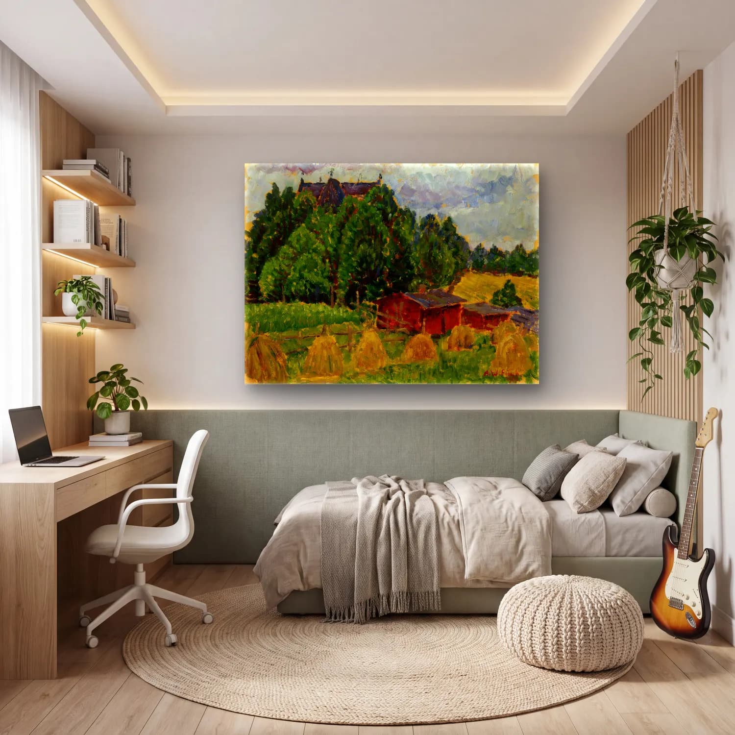 Yağlı Boya Kır Evi No. 36 cam tablo — genç odasında
