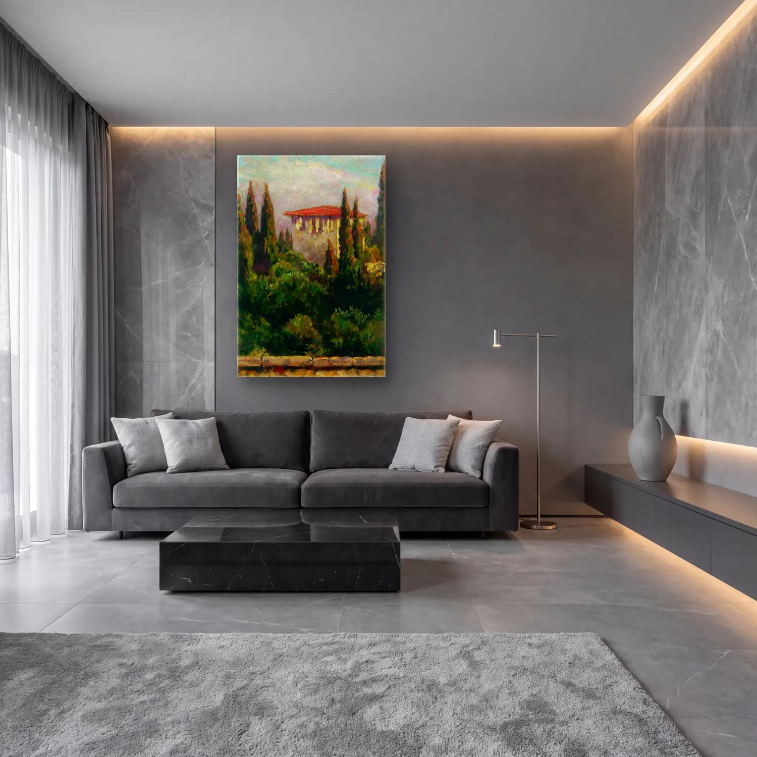 Empresyonist Kır Evi No. 13 cam tablo — lüks salon duvarında