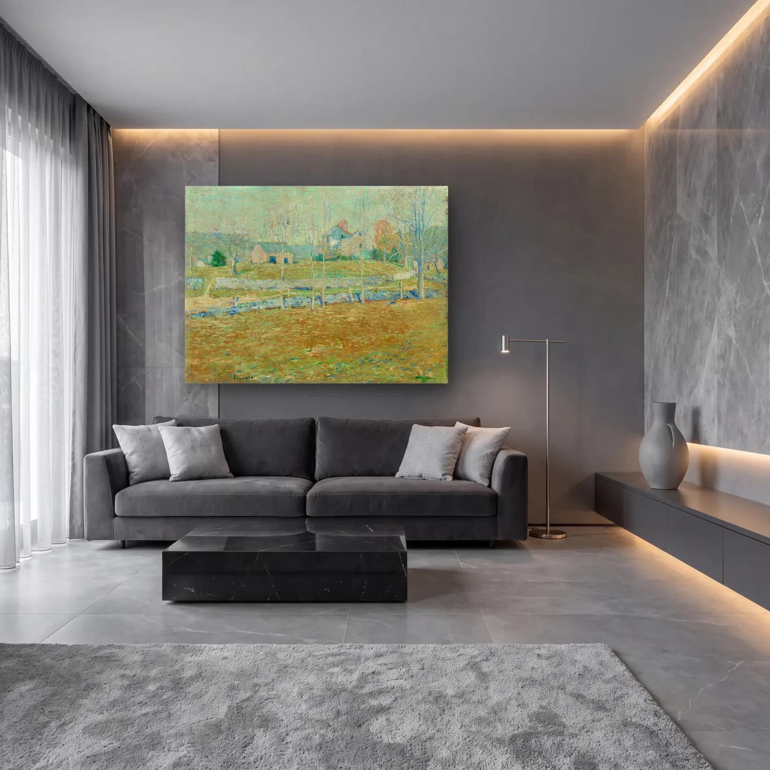 Empresyonist Kır Evi No. 14 cam tablo — lüks salon duvarında