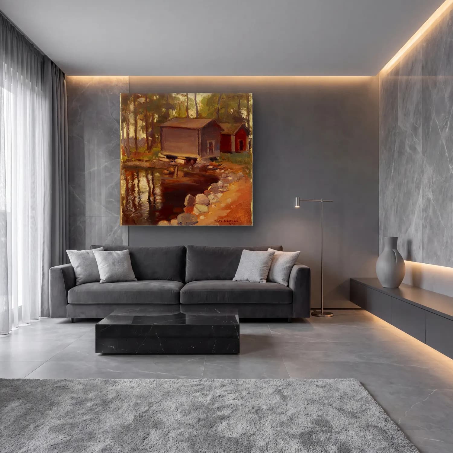 Yağlı Boya Kırda Nehir No. 45 cam tablo — lüks salon duvarında