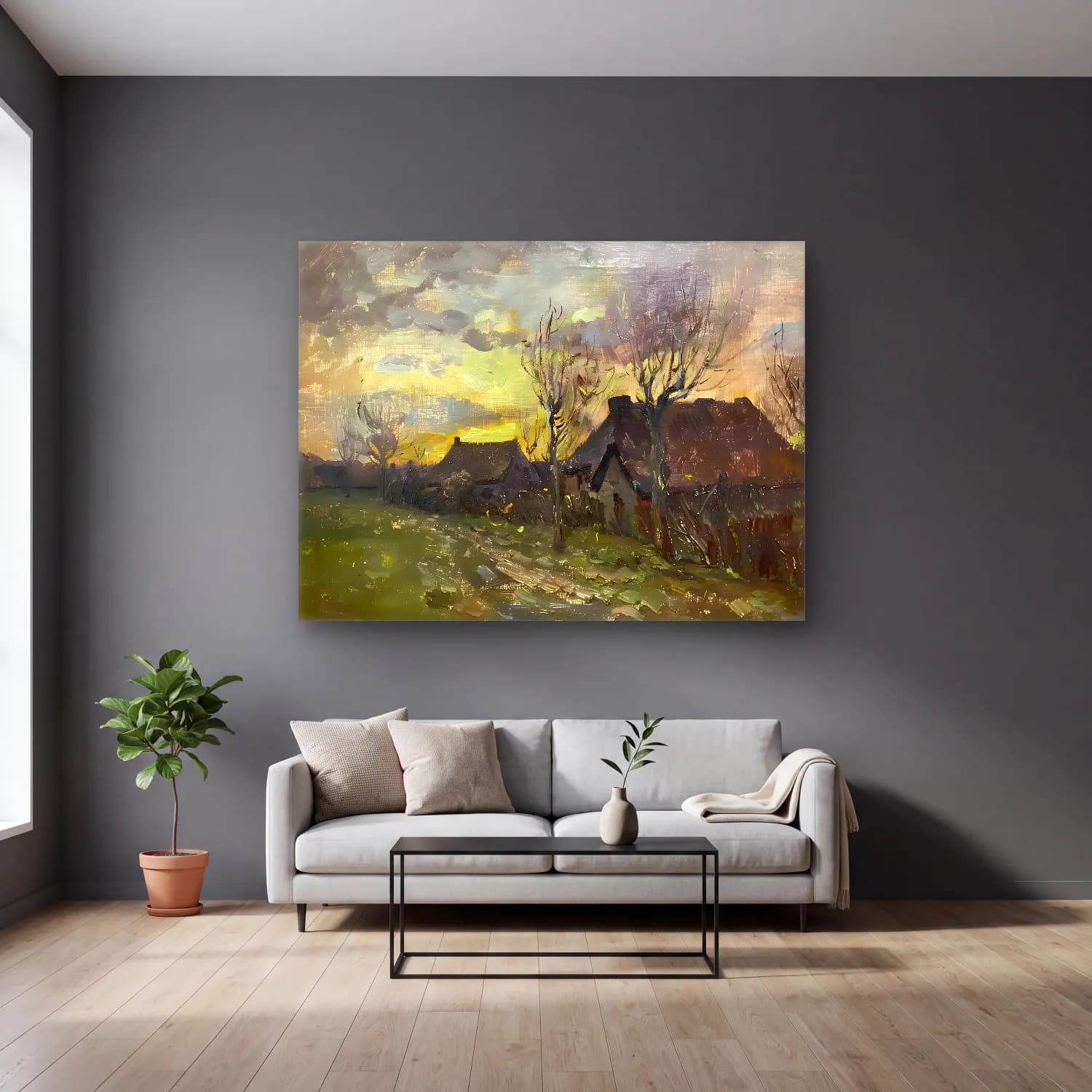 Yağlı Boya Kır Evi No. 42 cam tablo — gri duvarlı salonda