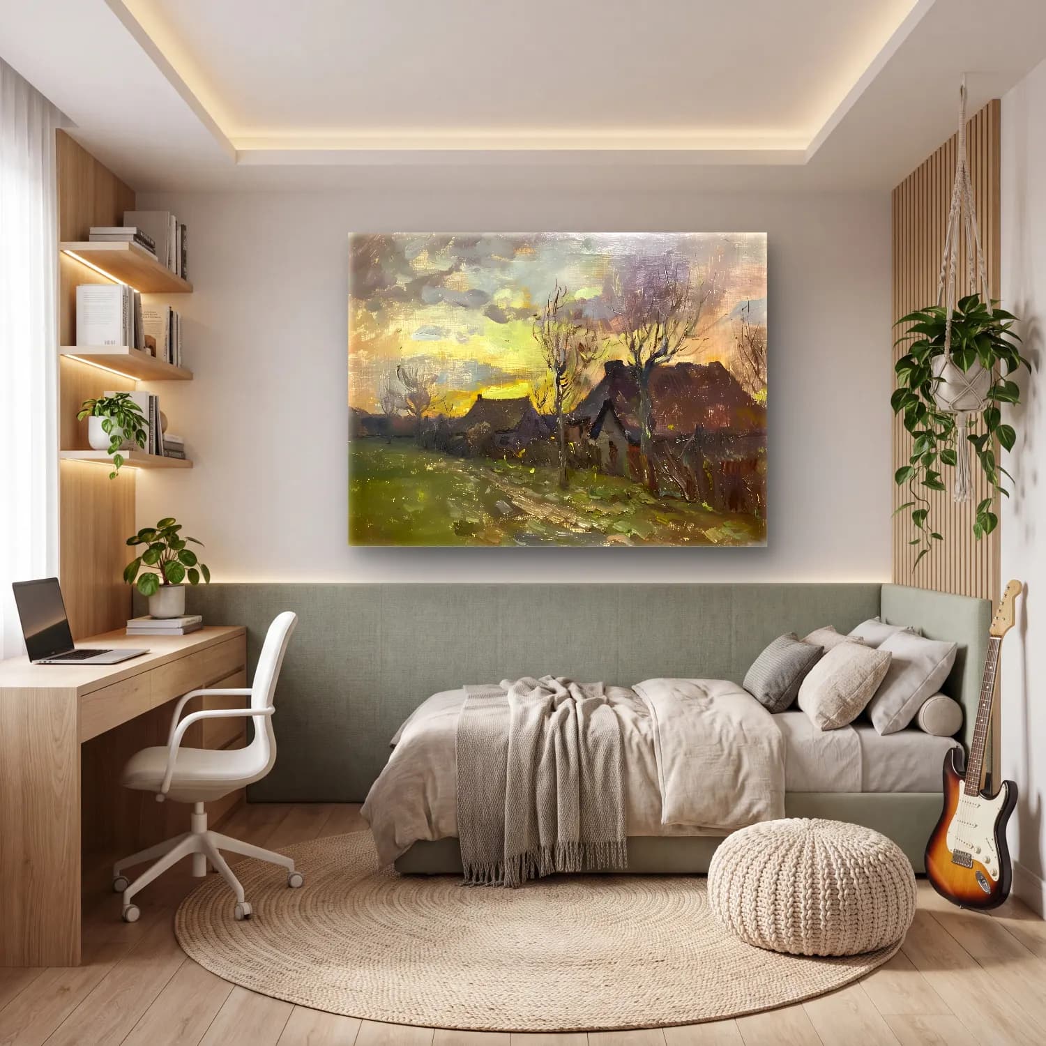 Yağlı Boya Kır Evi No. 42 cam tablo — genç odasında