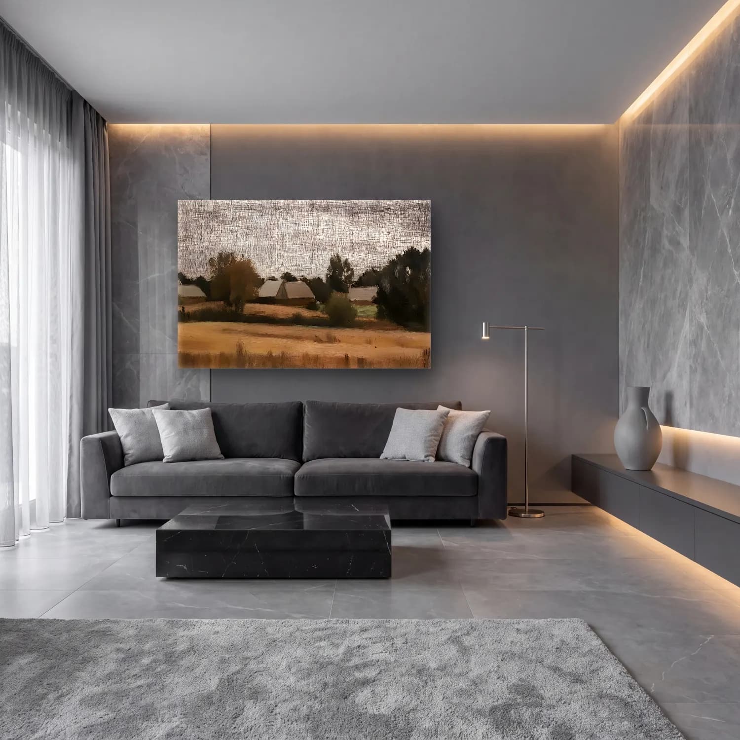 Yağlı Boya Kır Evi No. 44 cam tablo — lüks salon duvarında