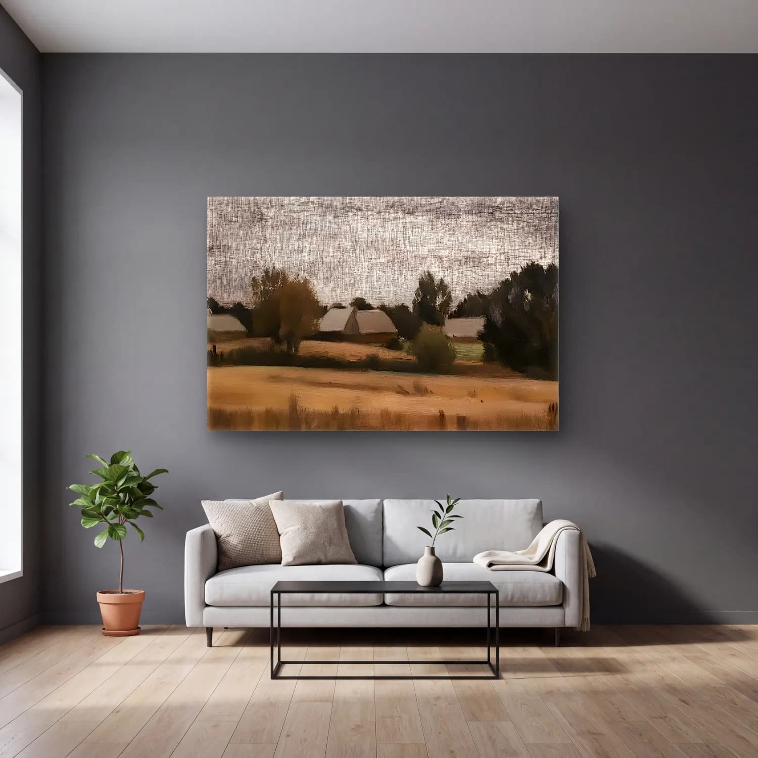 Yağlı Boya Kır Evi No. 44 cam tablo — gri duvarlı salonda