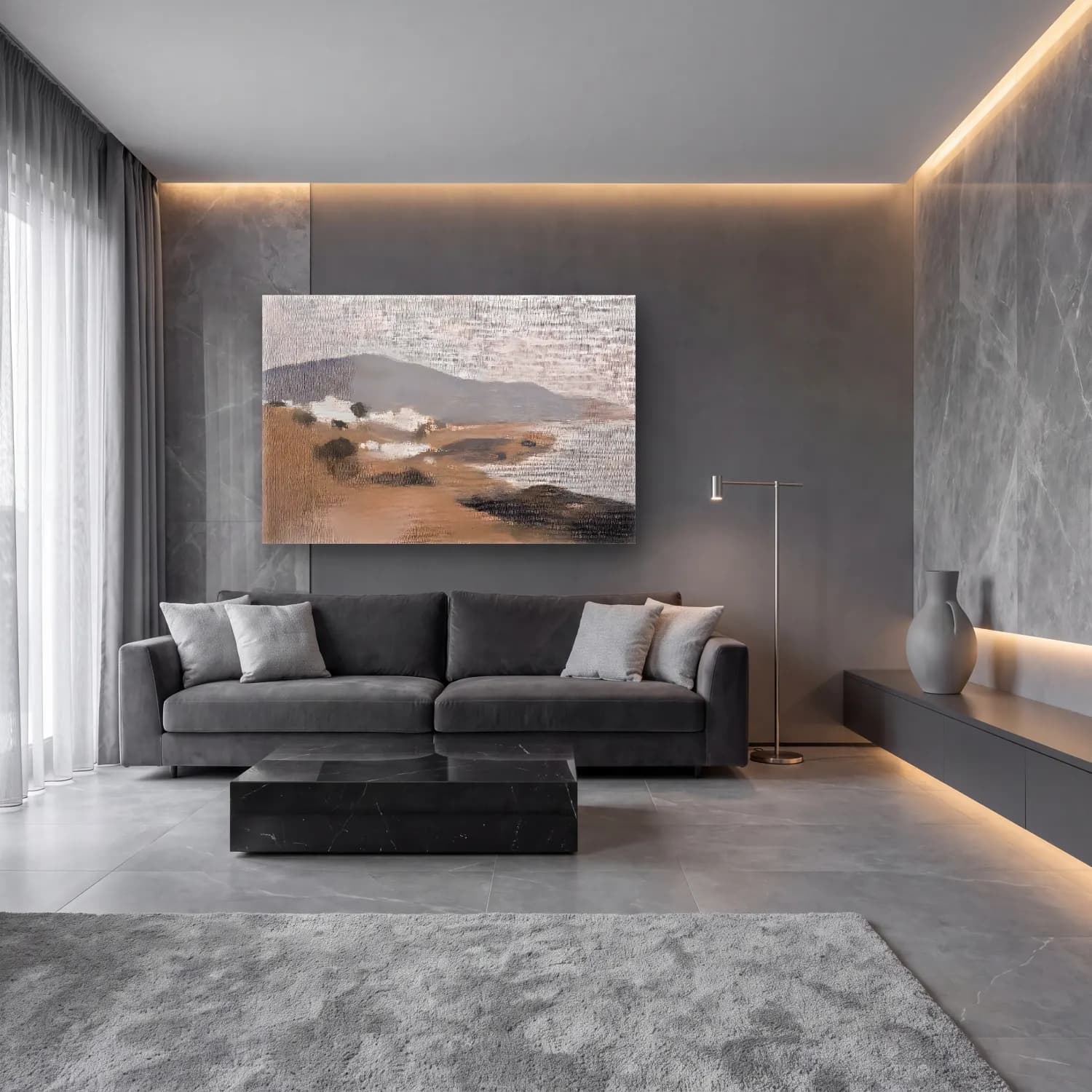 Yağlı Boya Yunan Adası – Bej Tonlar cam tablo — lüks salon duvarında