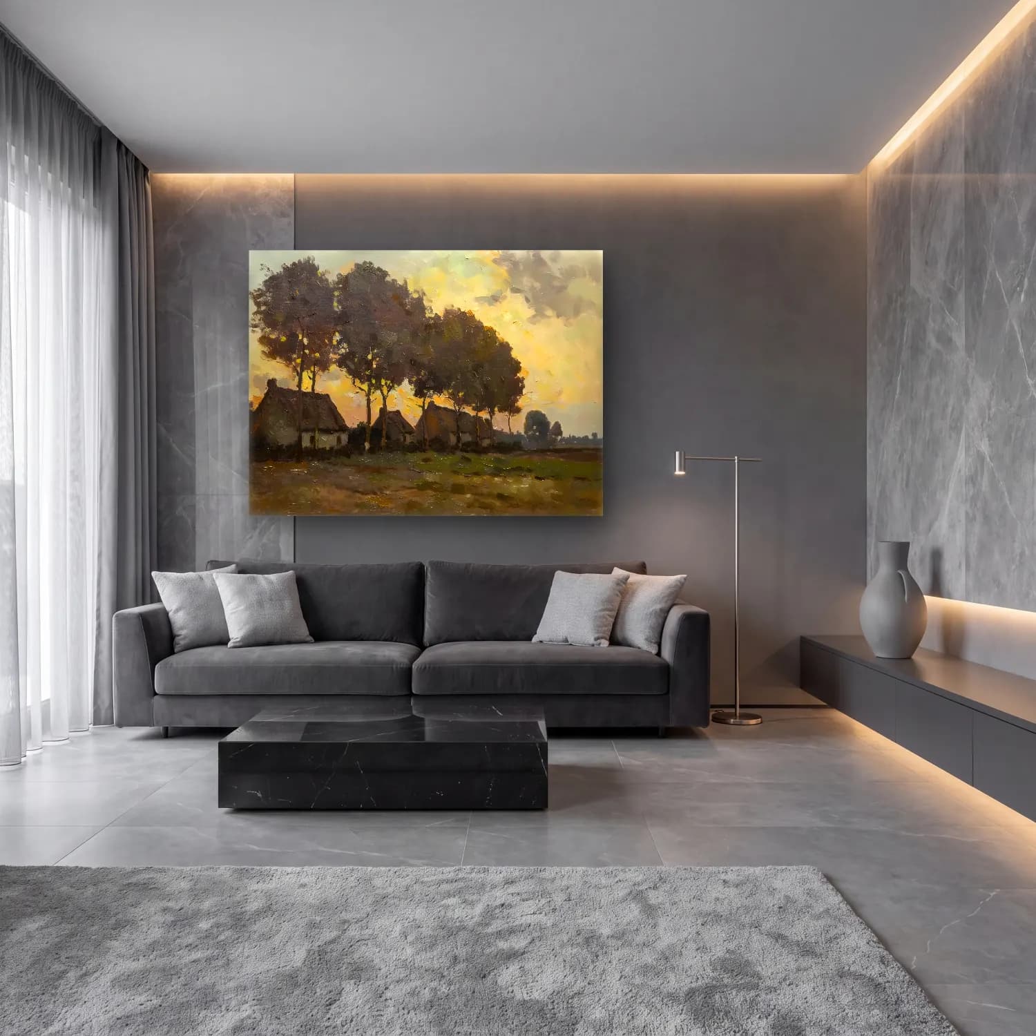 Yağlı Boya Kır Evi No. 47 cam tablo — lüks salon duvarında