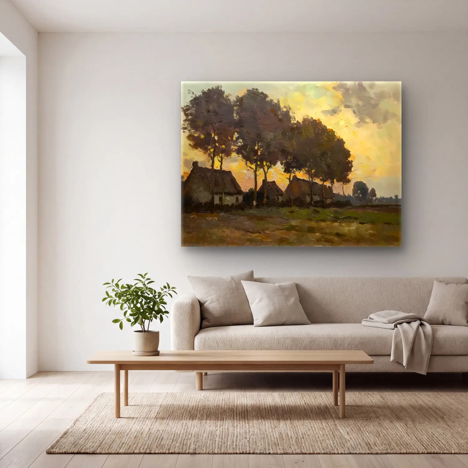 Yağlı Boya Kır Evi No. 47 cam tablo — açık renk salonda