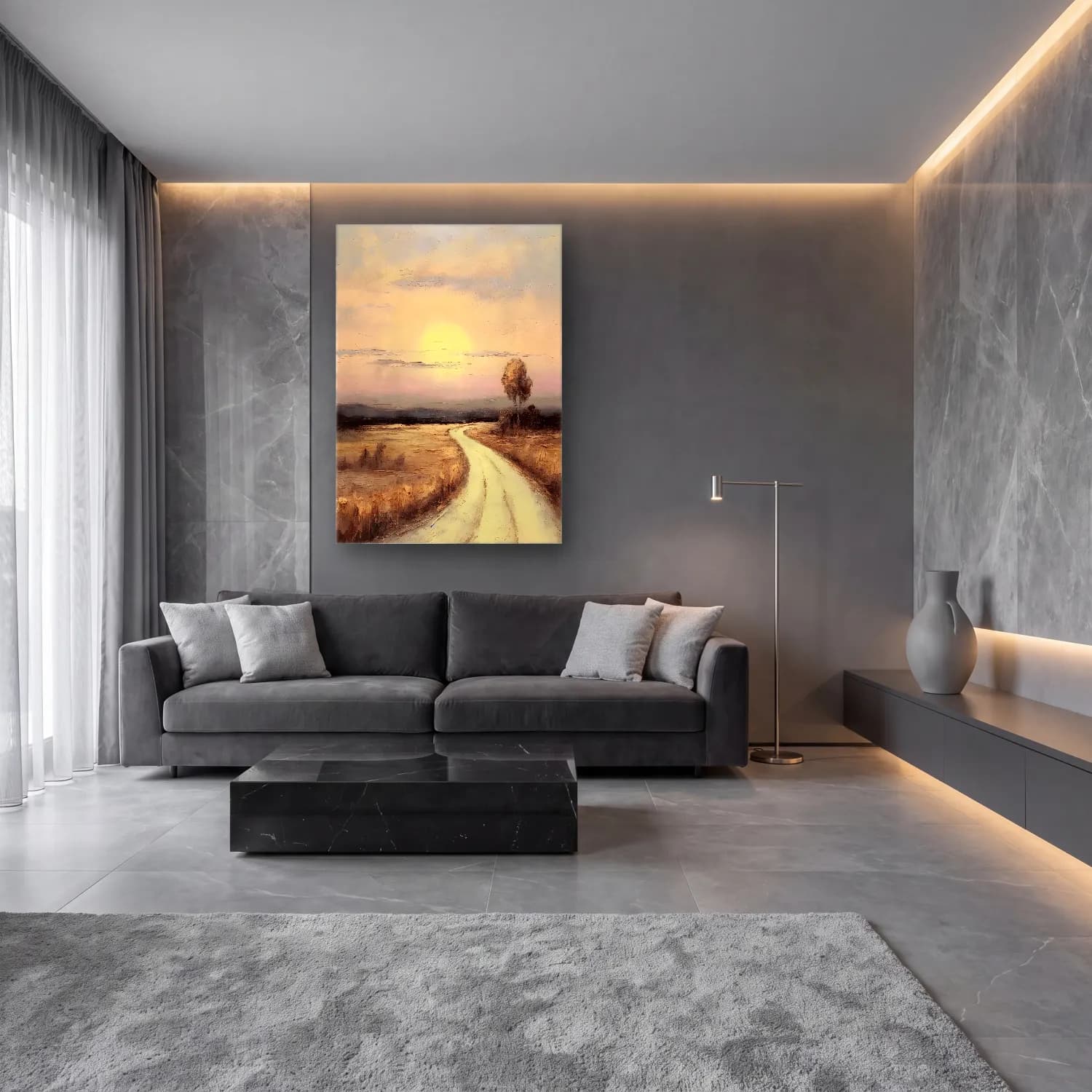 Yağlı Boya Soyut Manzara – Pastel Tonlar cam tablo — lüks salon duvarında