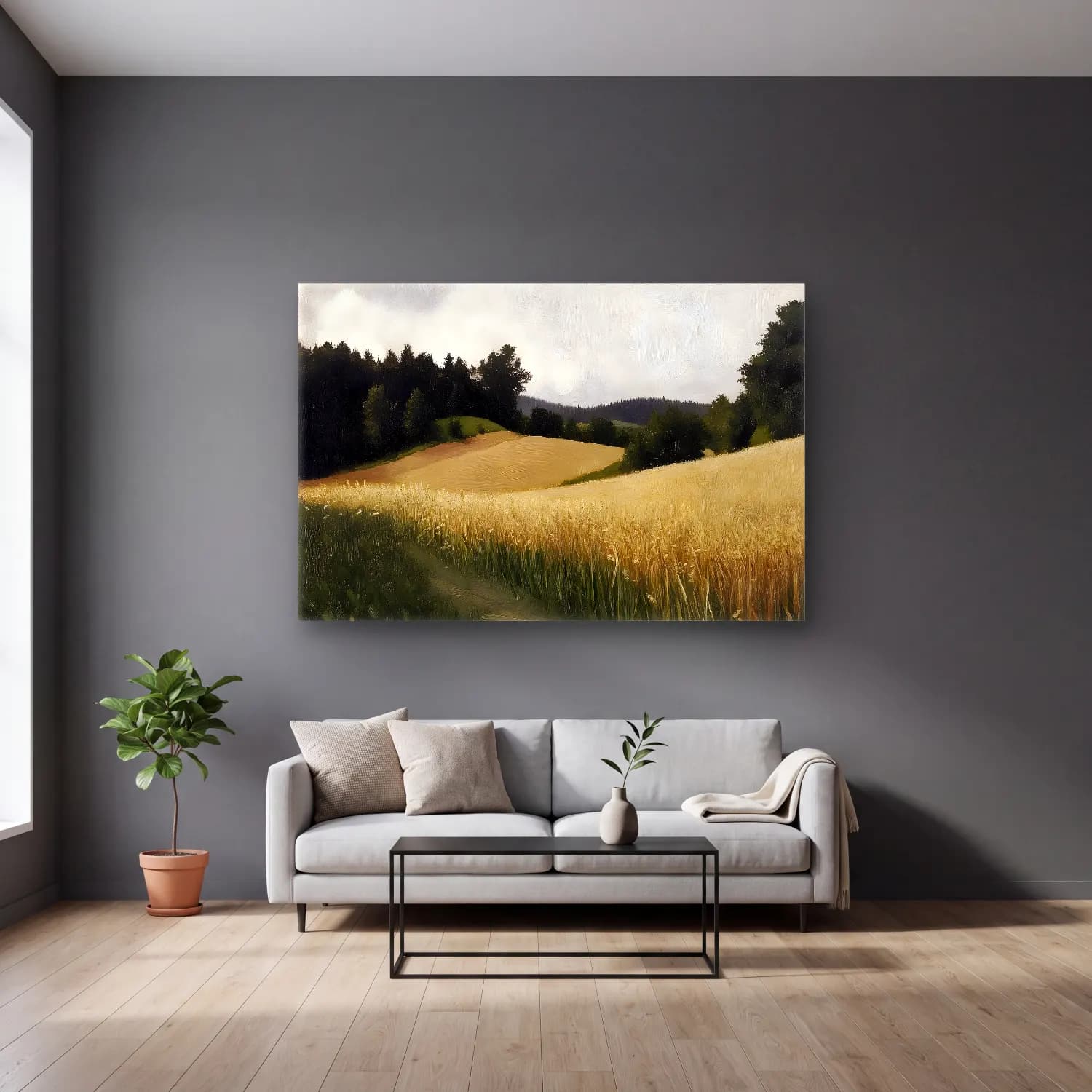 Yağlı Boya Buğday Tarlası No. 17 cam tablo — gri duvarlı salonda