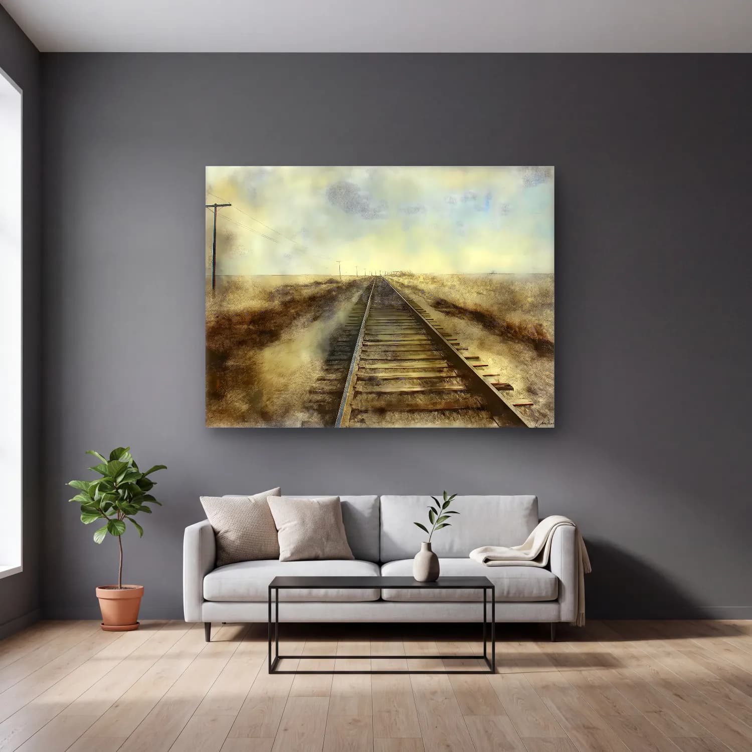 Suluboya Tren cam tablo — gri duvarlı salonda