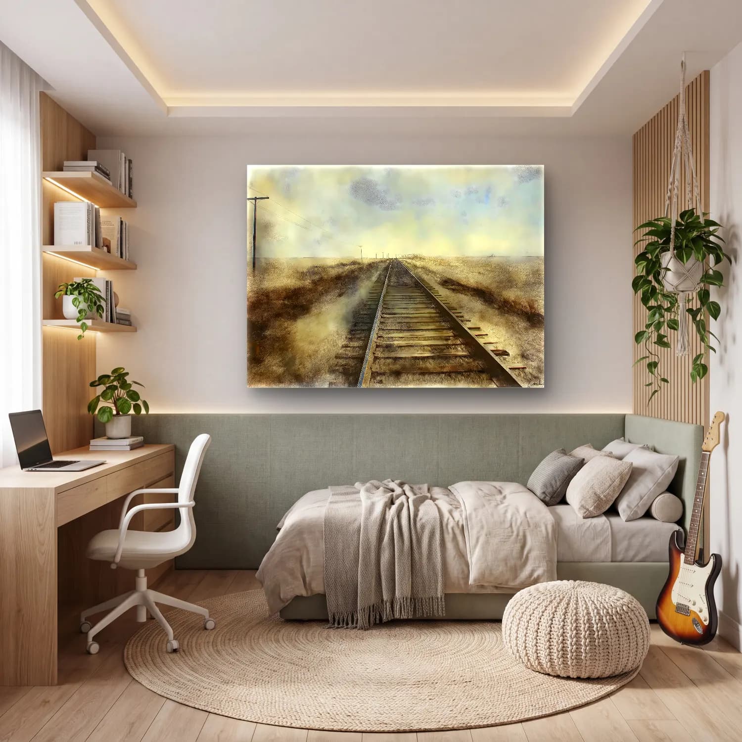 Suluboya Tren cam tablo — genç odasında