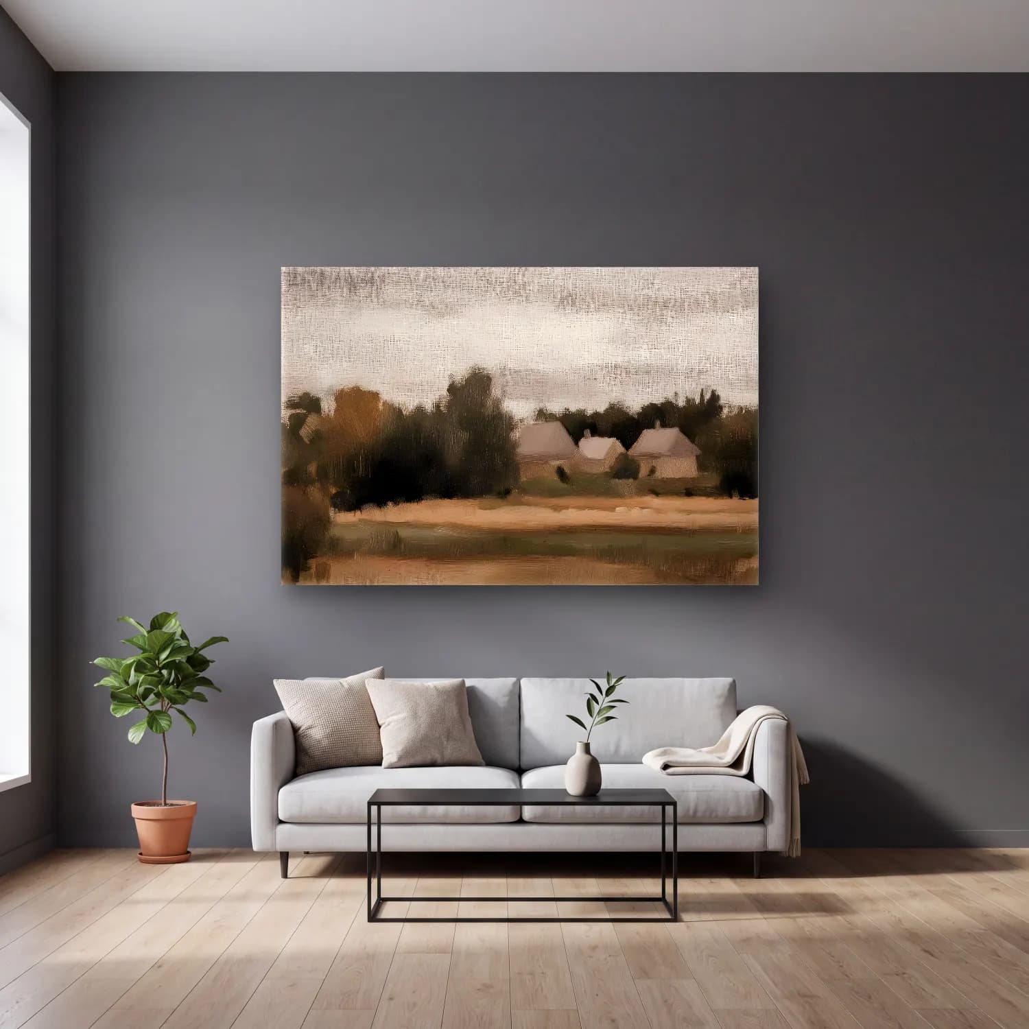 Yağlı Boya Kır Evi No. 60 cam tablo — gri duvarlı salonda