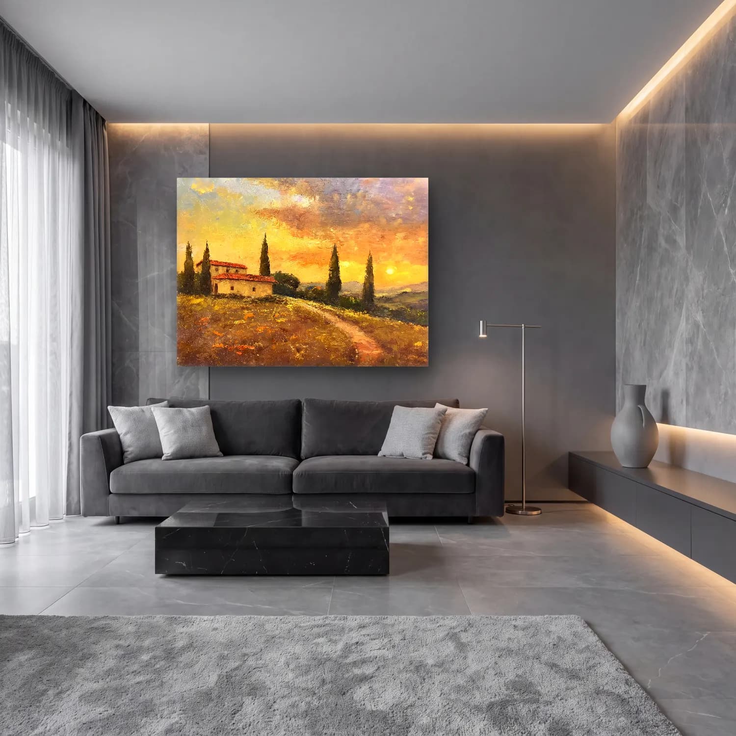 Yağlı Boya Kır Evi No. 61 cam tablo — lüks salon duvarında