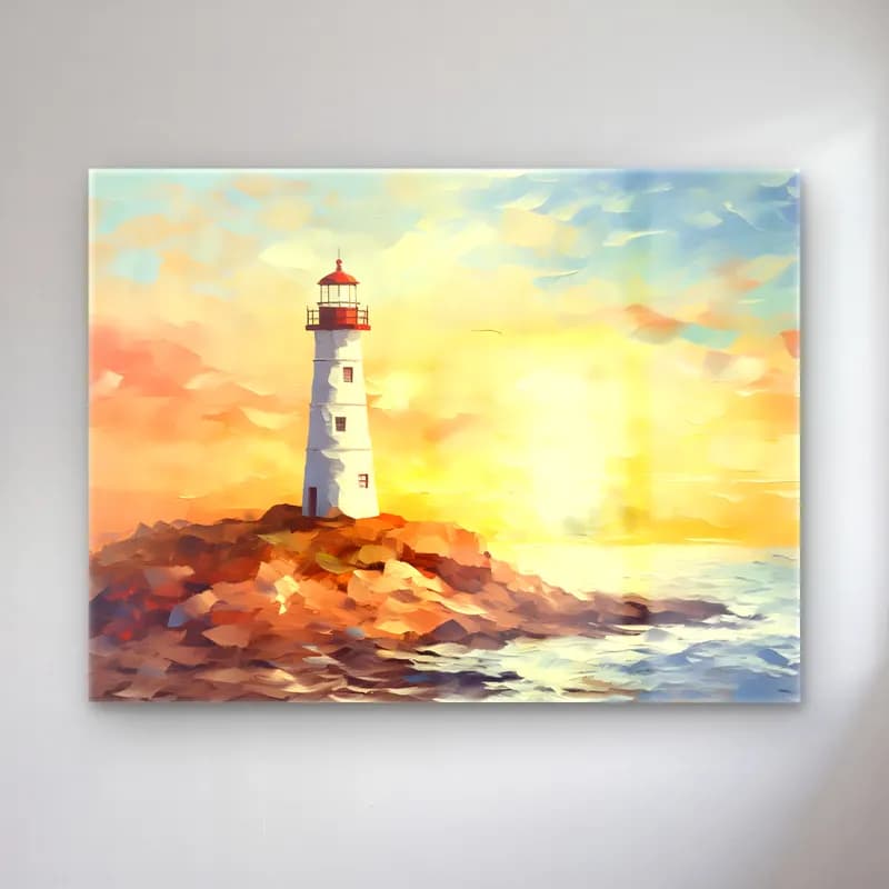 Yağlı Boya Deniz Feneri – Pastel Tonlar cam tablo — Yağlı Boya Deniz Feneri – Pastel Tonlar — yağlı boya deniz feneri