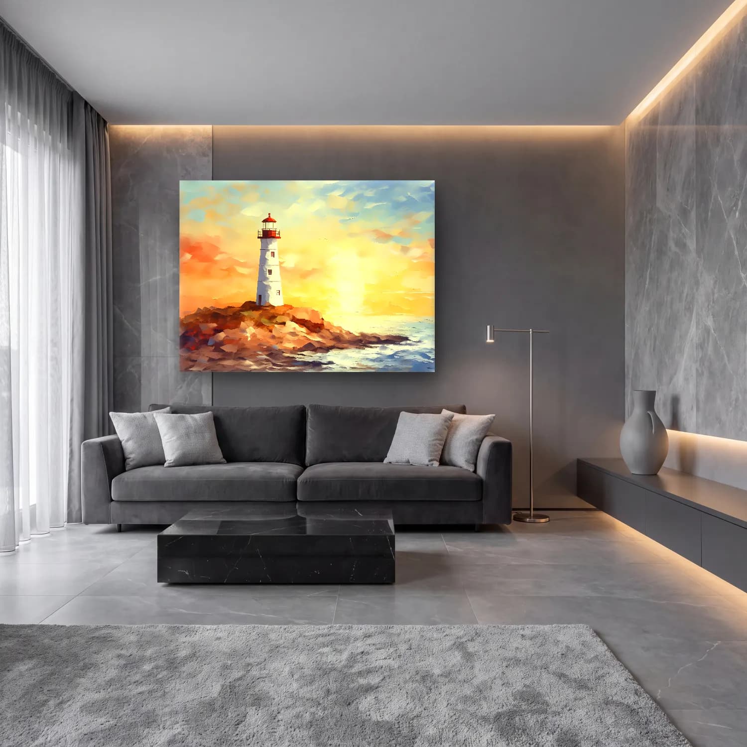 Yağlı Boya Deniz Feneri – Pastel Tonlar cam tablo — lüks salon duvarında