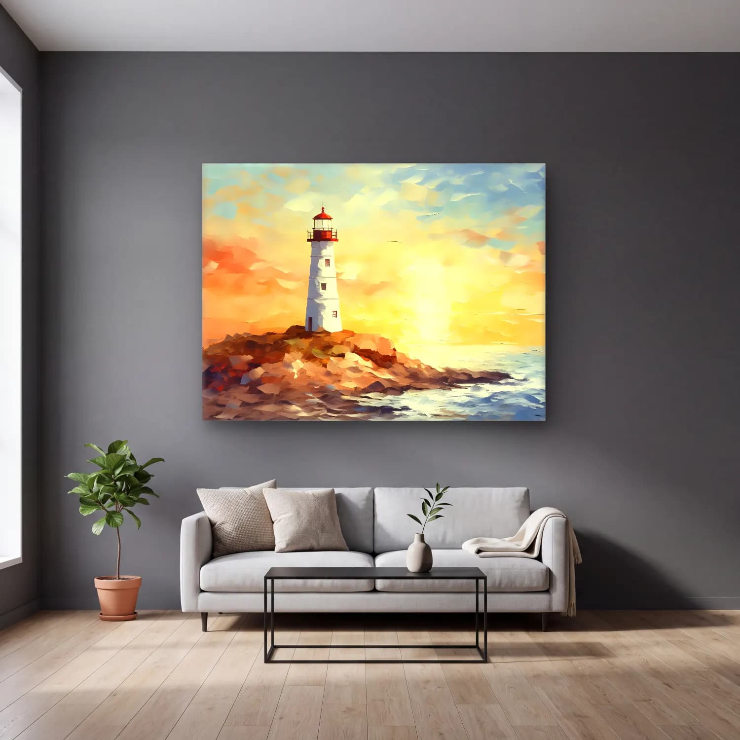 Yağlı Boya Deniz Feneri – Pastel Tonlar cam tablo — gri duvarlı salonda