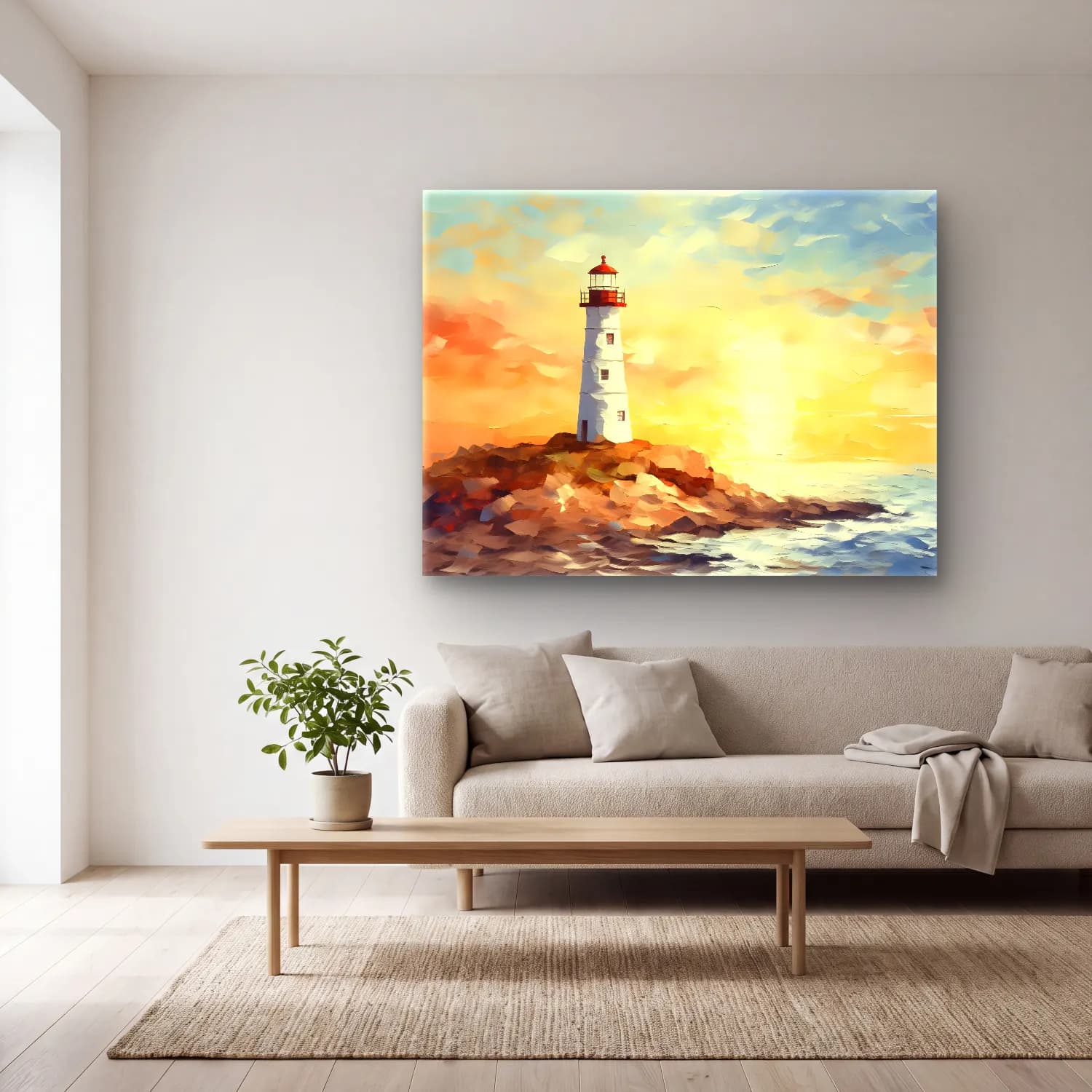 Yağlı Boya Deniz Feneri – Pastel Tonlar cam tablo — açık renk salonda