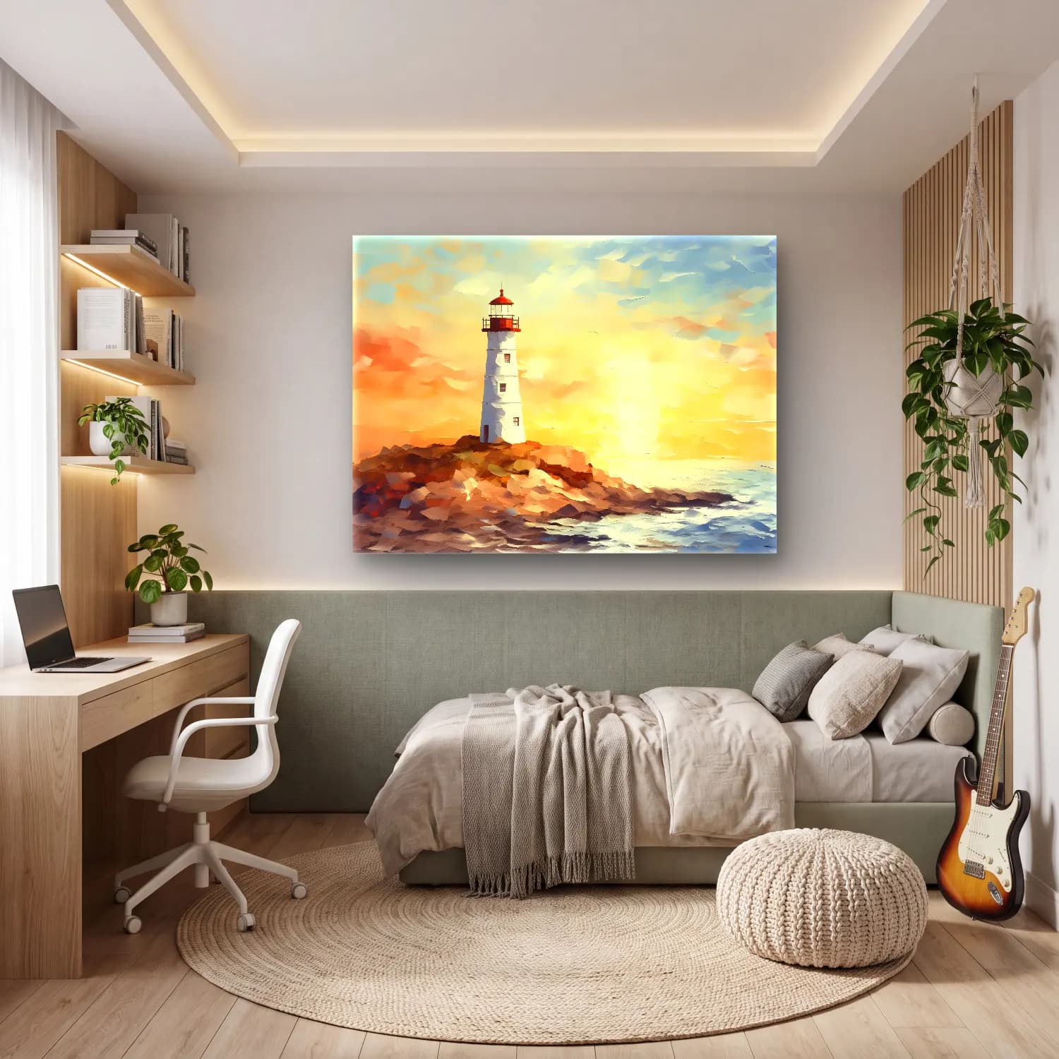 Yağlı Boya Deniz Feneri – Pastel Tonlar cam tablo — genç odasında