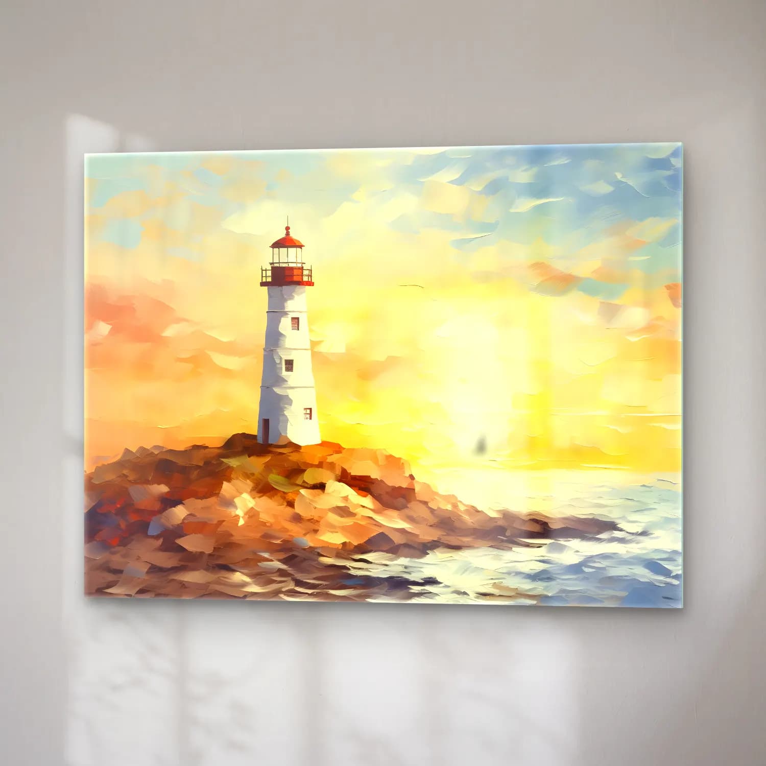 Yağlı Boya Deniz Feneri – Pastel Tonlar cam tablo — sağ açıdan görünüm