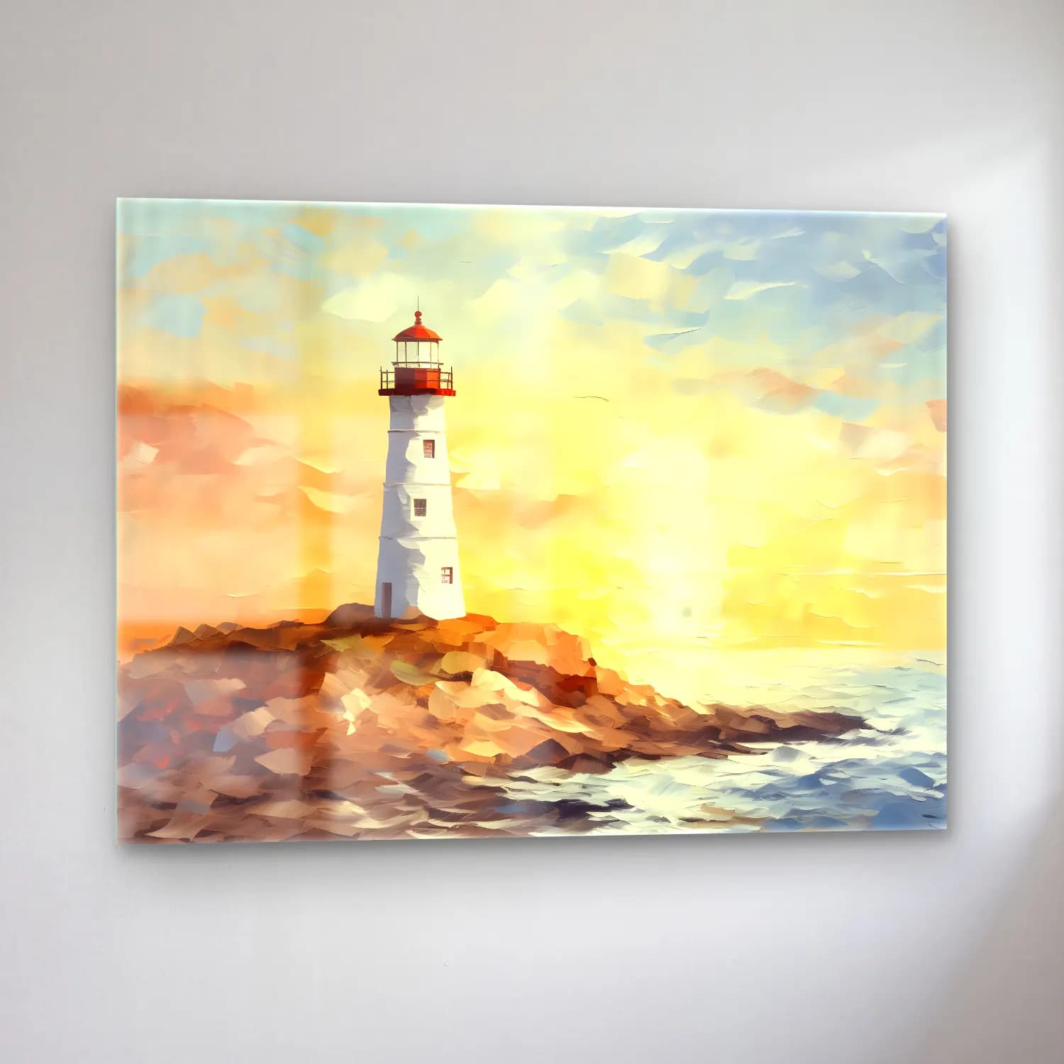 Yağlı Boya Deniz Feneri – Pastel Tonlar cam tablo — sol açıdan görünüm