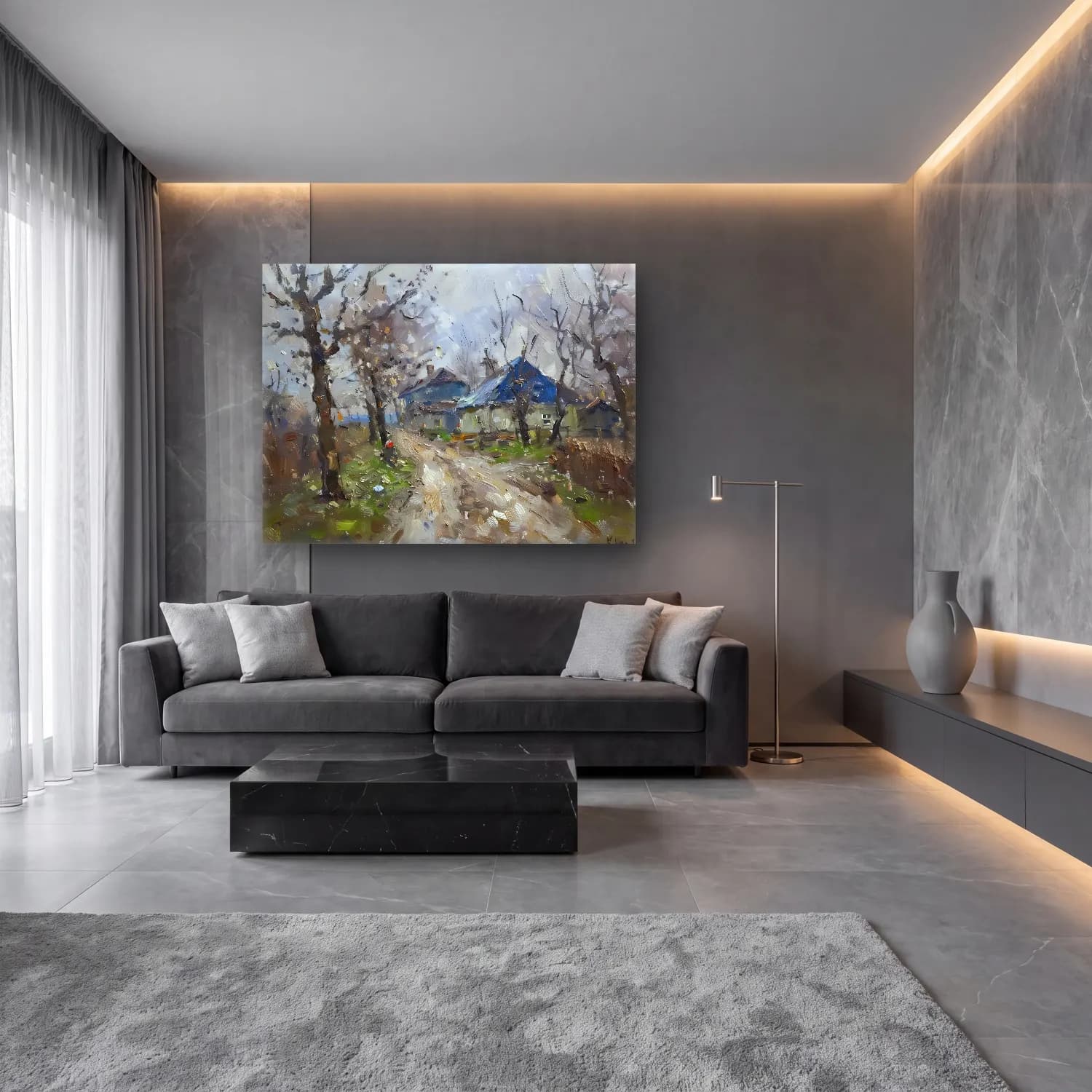 Yağlı Boya Kır Evi No. 64 cam tablo — lüks salon duvarında