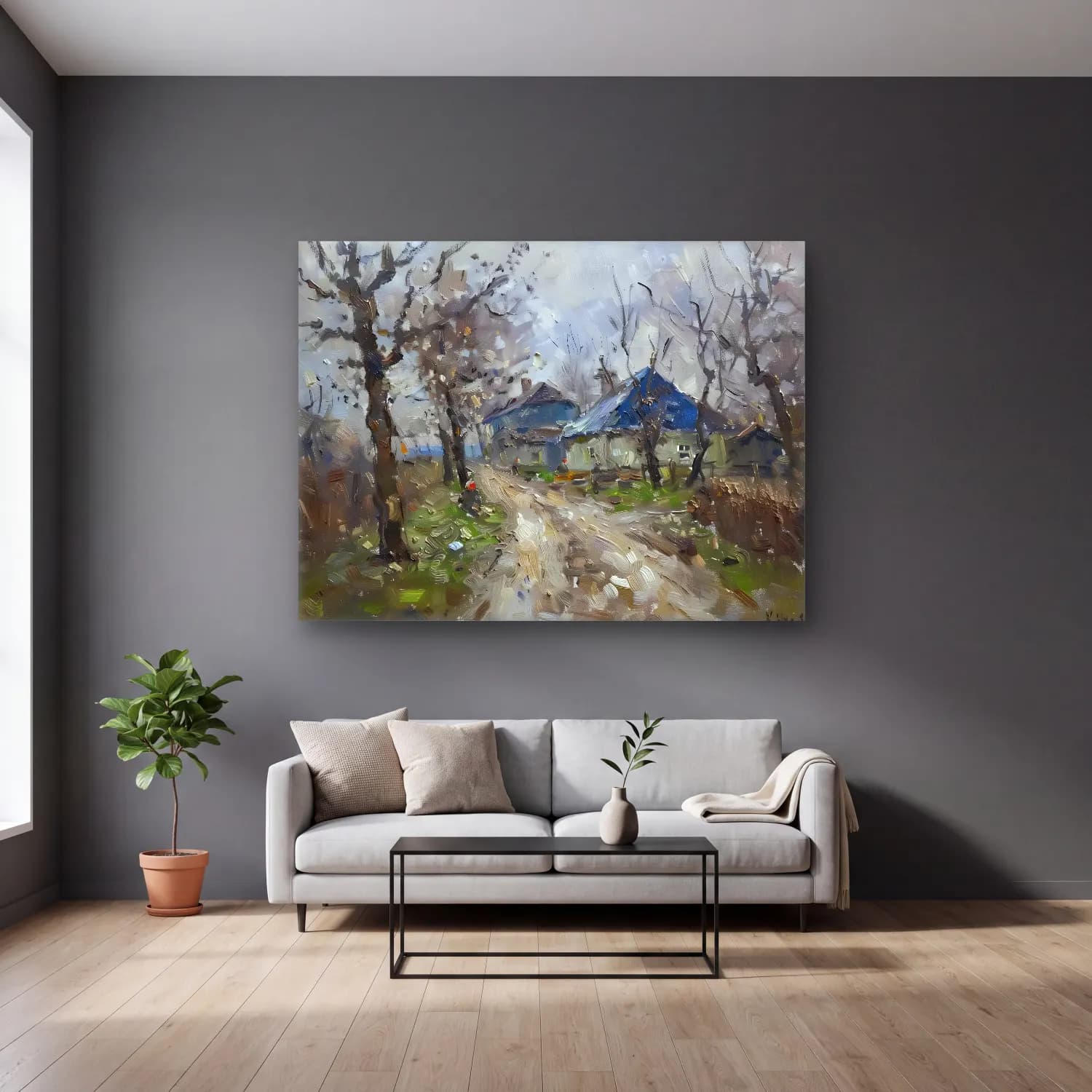 Yağlı Boya Kır Evi No. 64 cam tablo — gri duvarlı salonda