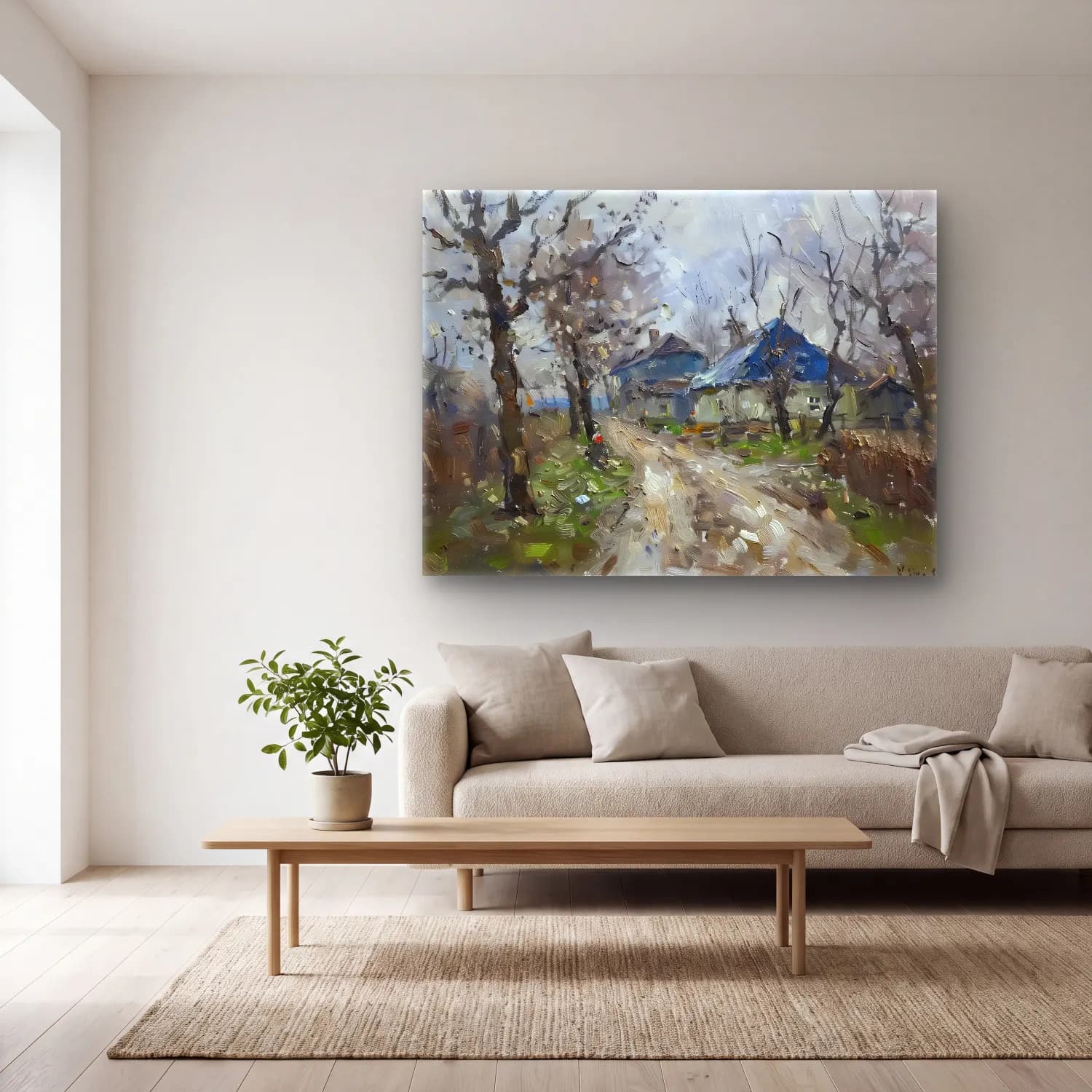 Yağlı Boya Kır Evi No. 64 cam tablo — açık renk salonda