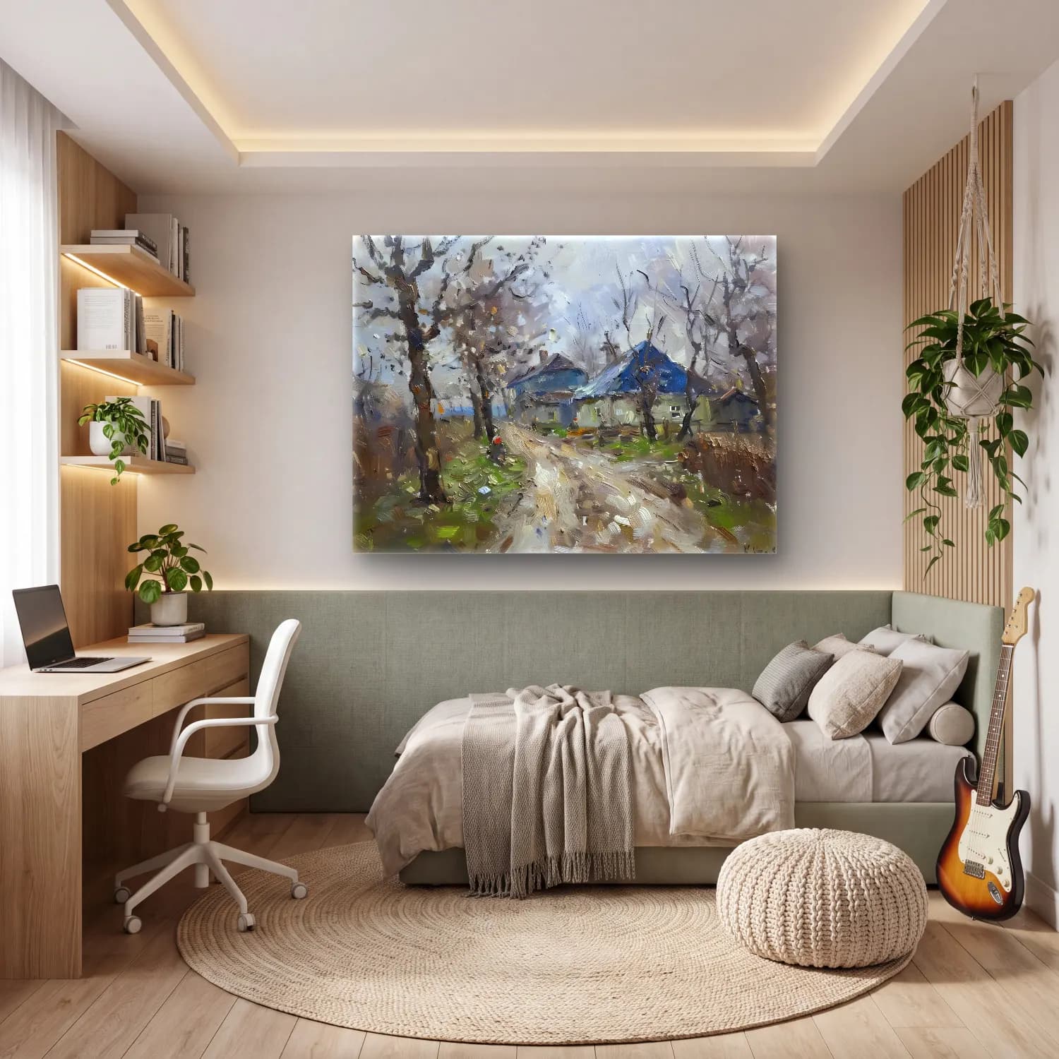 Yağlı Boya Kır Evi No. 64 cam tablo — genç odasında