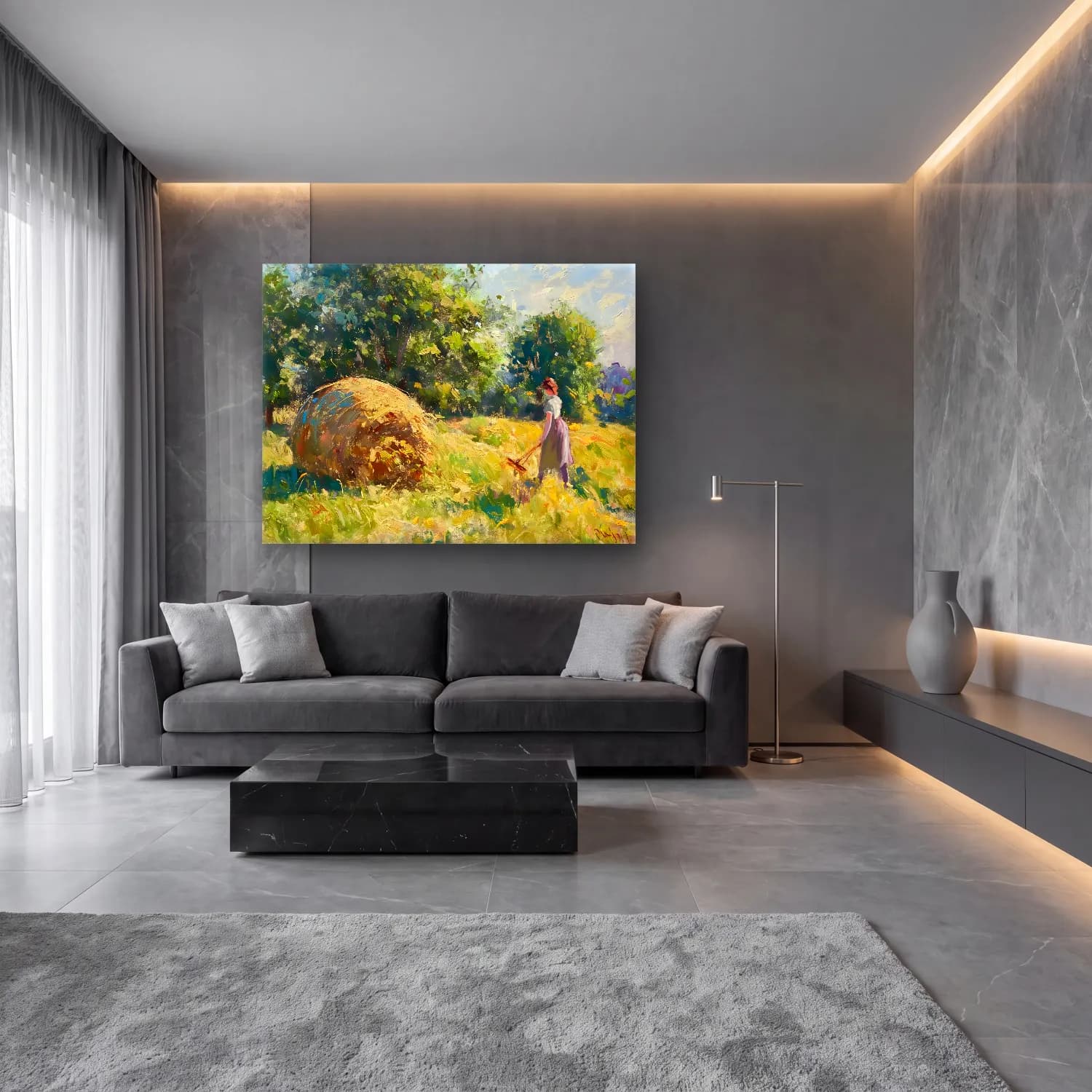 Yağlı Boya Kır Evi No. 65 cam tablo — lüks salon duvarında