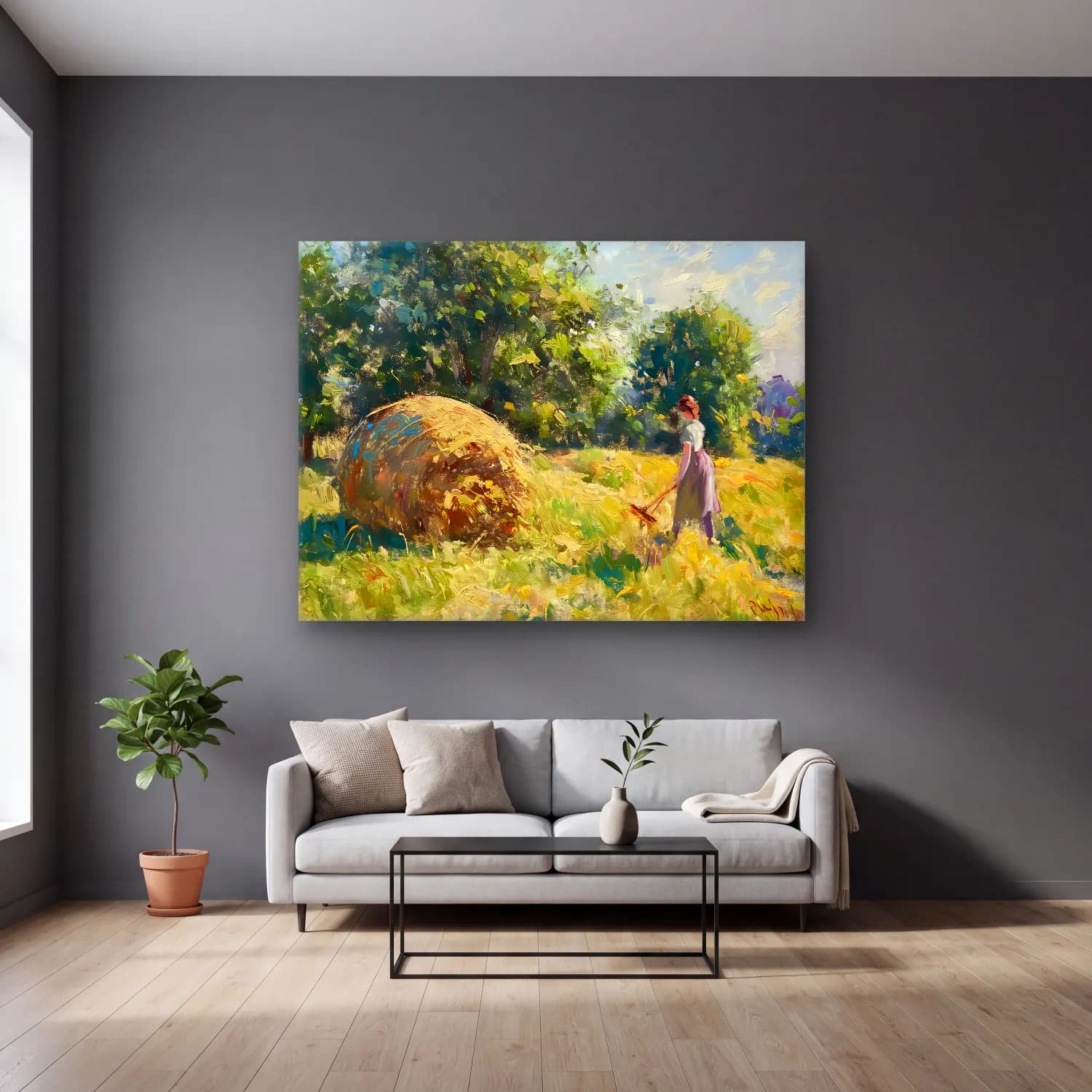 Yağlı Boya Kır Evi No. 65 cam tablo — gri duvarlı salonda