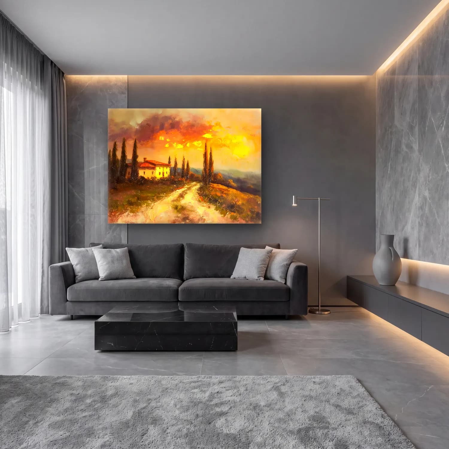 Yağlı Boya Kır Evi No. 66 cam tablo — lüks salon duvarında