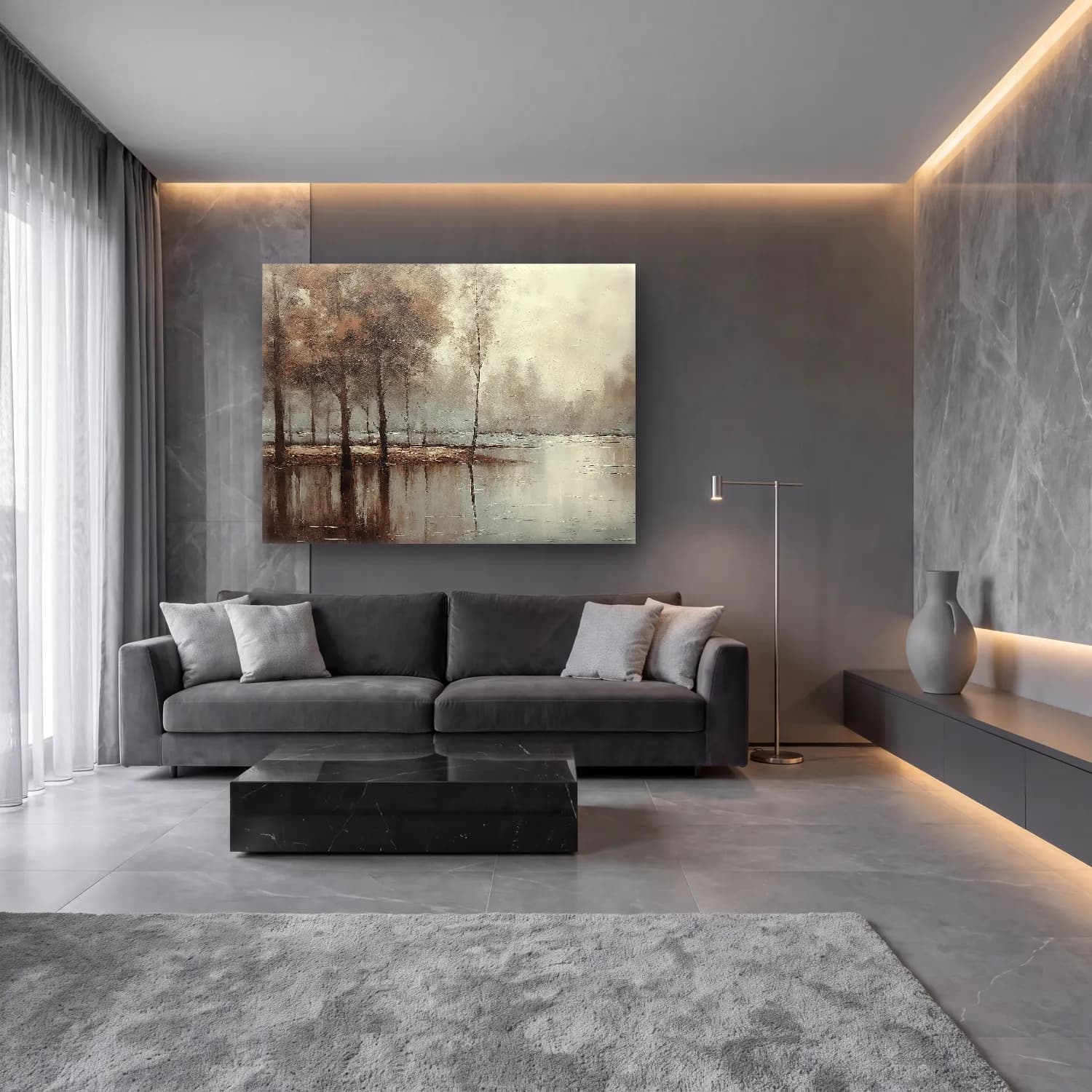 Yağlı Boya Sisli Orman No. 14 cam tablo — lüks salon duvarında