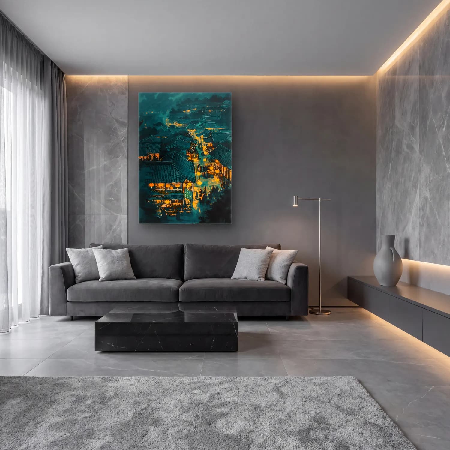 Yağlı Boya Gece Şehir cam tablo — lüks salon duvarında