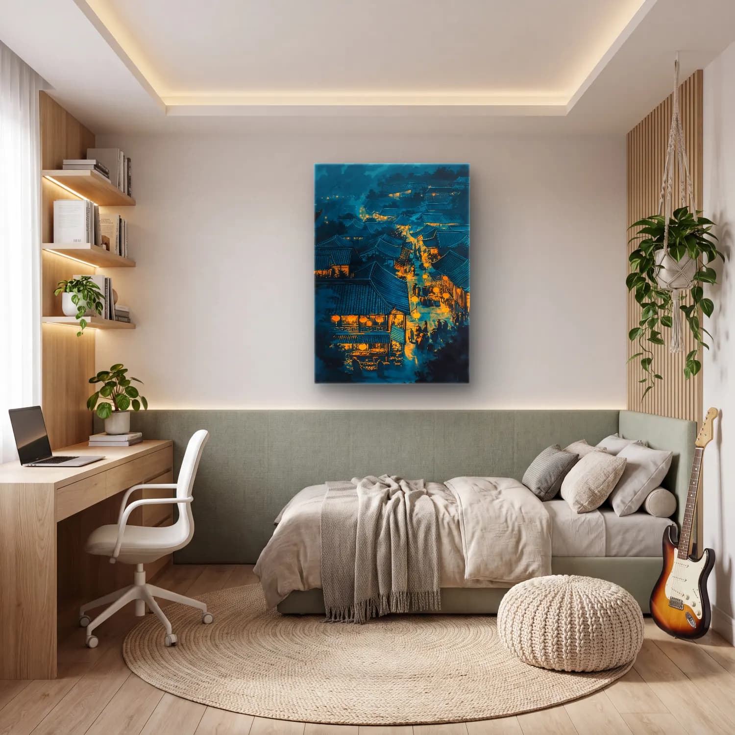 Yağlı Boya Gece Şehir cam tablo — genç odasında