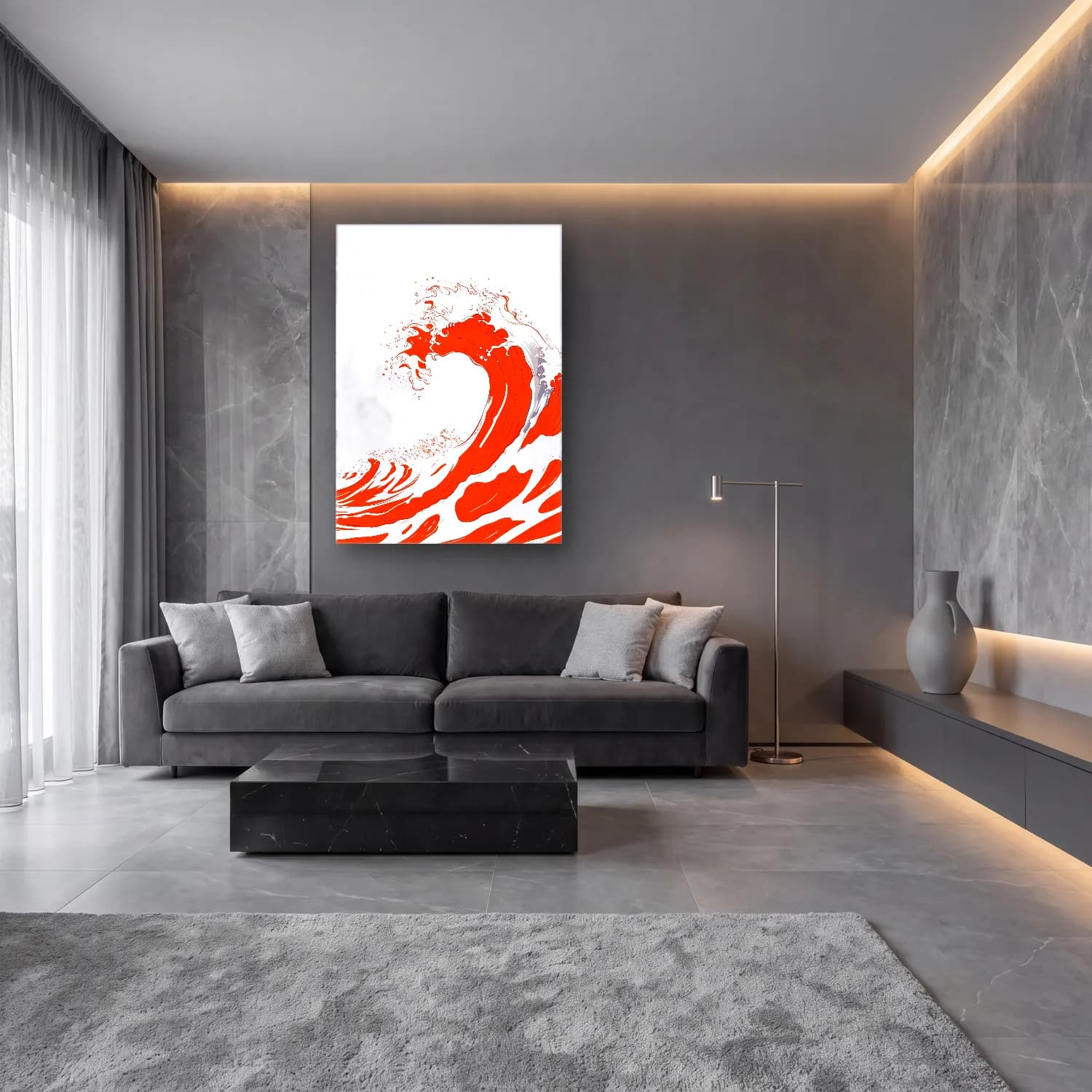 Simple Drawing – Indian Red No. 9 cam tablo — lüks salon duvarında