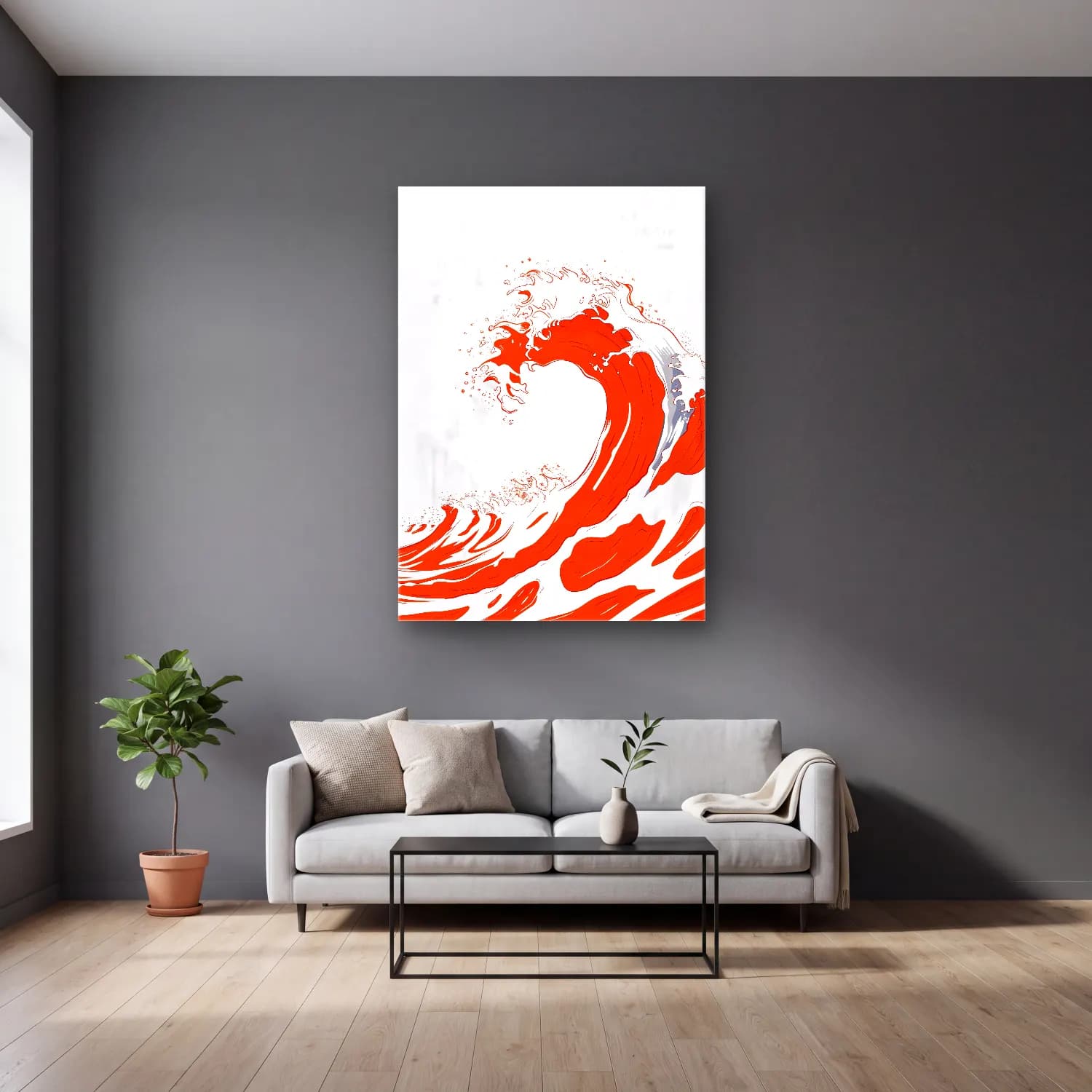 Simple Drawing – Indian Red No. 9 cam tablo — gri duvarlı salonda