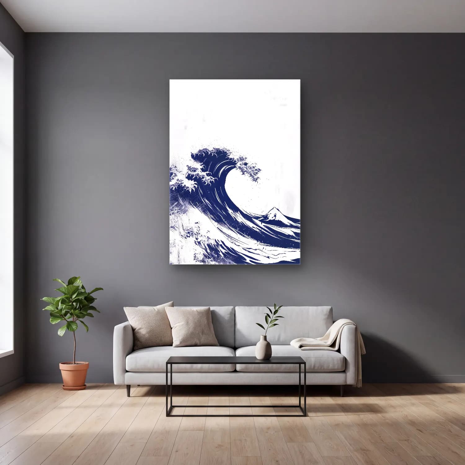 Simple Drawing – navy blue No. 23 cam tablo — gri duvarlı salonda