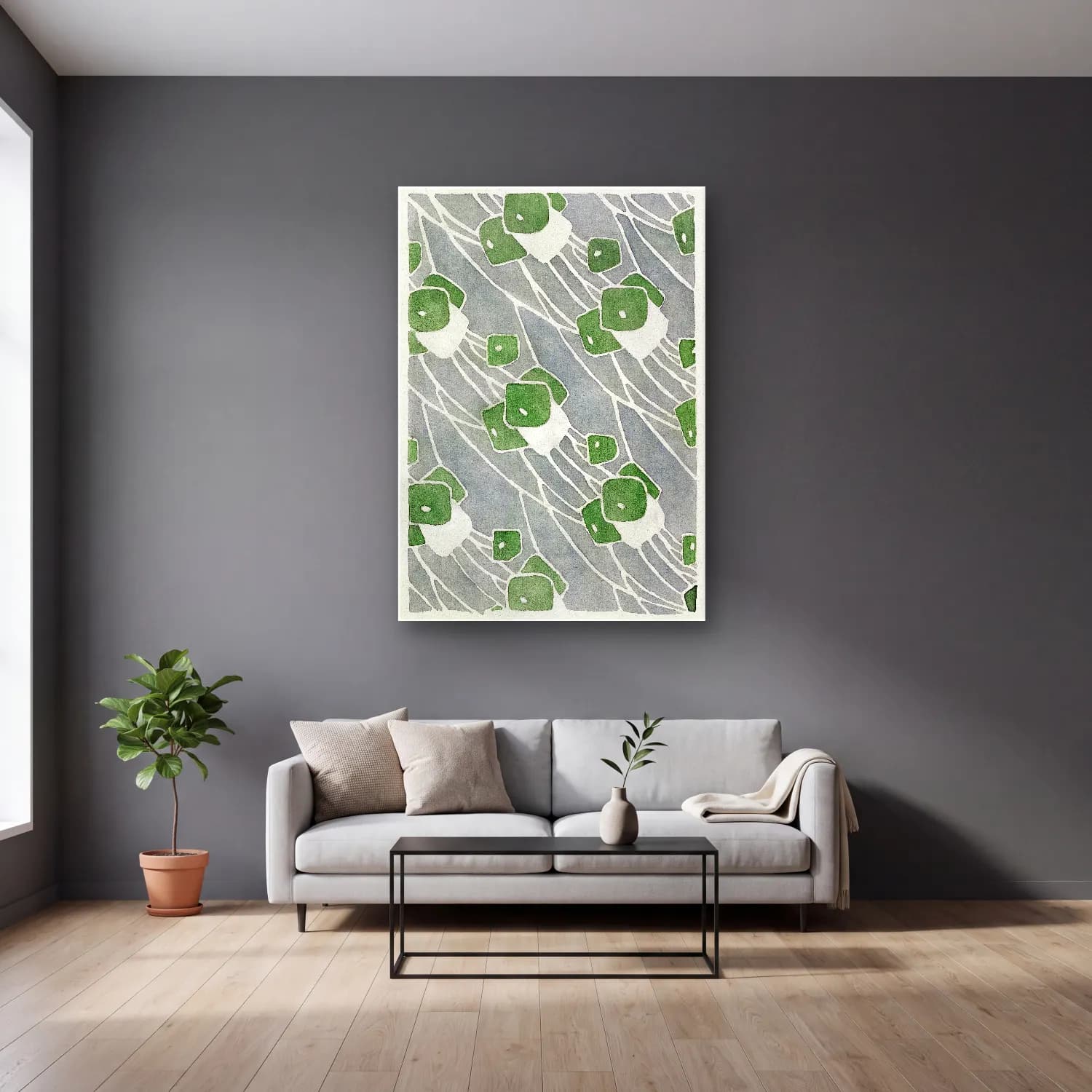 Retro Çiçek Deseni No. 80 cam tablo — gri duvarlı salonda