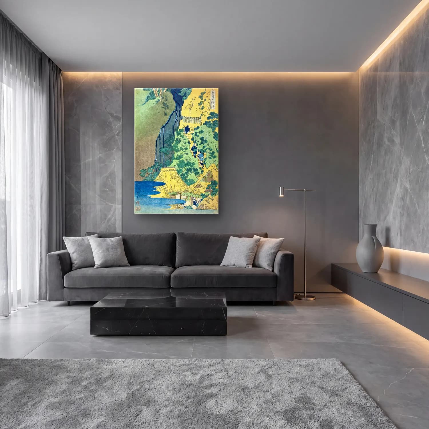 Katsushika Hokusai – Japon Şehri – Mavi Tonlar cam tablo — lüks salon duvarında