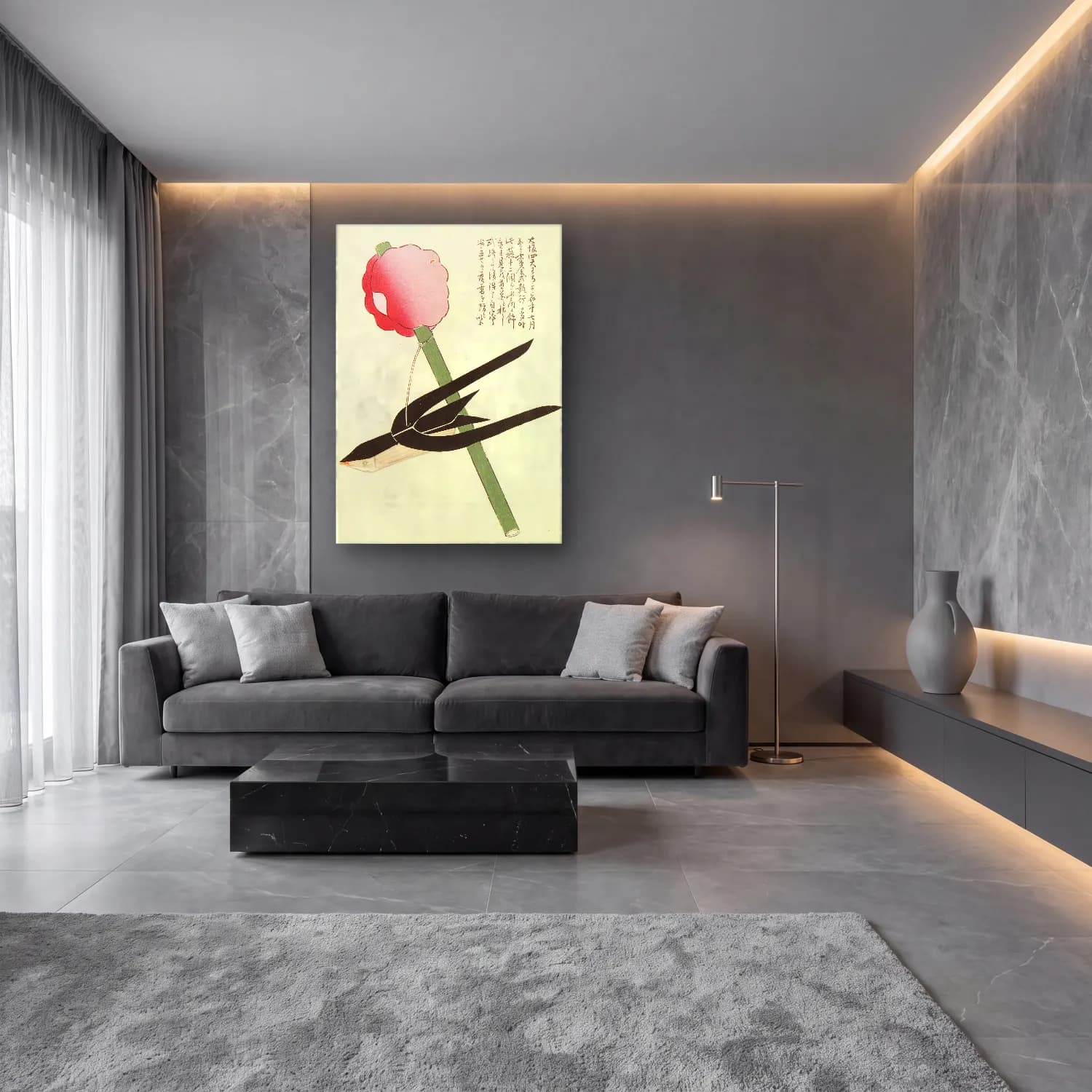 Japon Baskı Lotus Çiçekleri – Siyah Beyaz Tonlar cam tablo — lüks salon duvarında