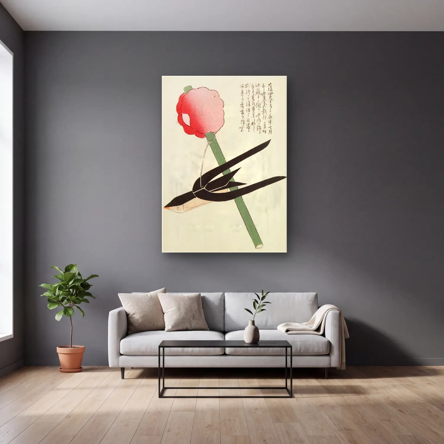 Japon Baskı Lotus Çiçekleri – Siyah Beyaz Tonlar cam tablo — gri duvarlı salonda