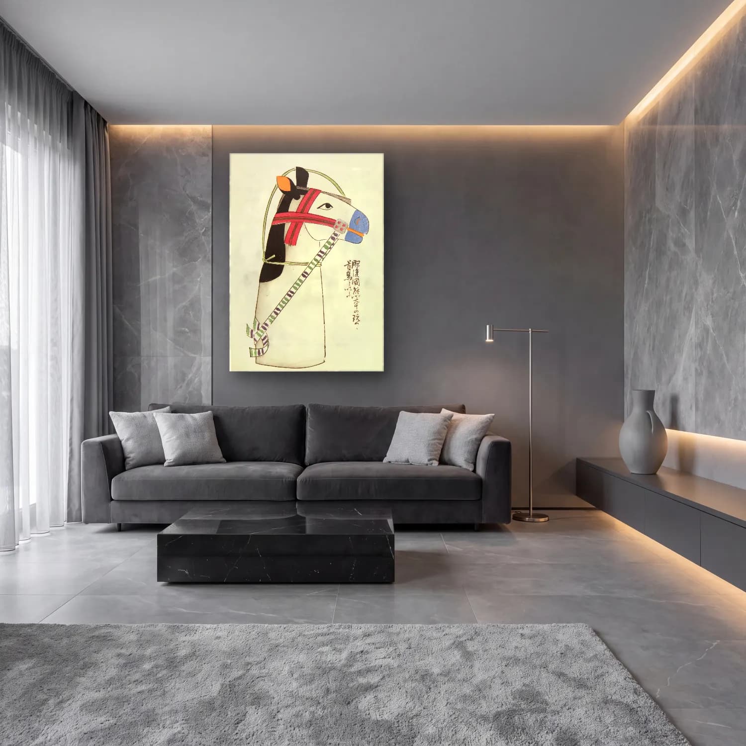 Japon Baskı At cam tablo — lüks salon duvarında