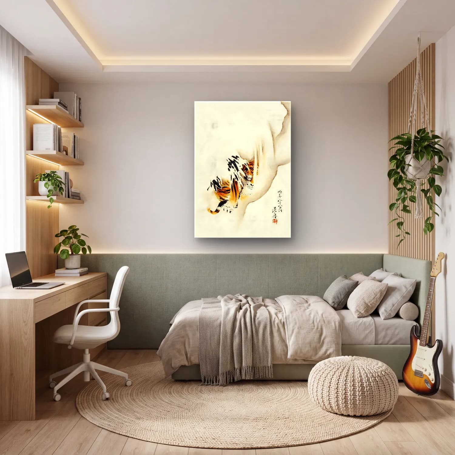 Suluboya Kaplan – Siyah Beyaz Tonlar cam tablo — genç odasında