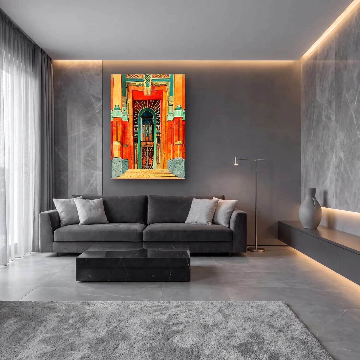 Suluboya Kapı cam tablo — lüks salon duvarında