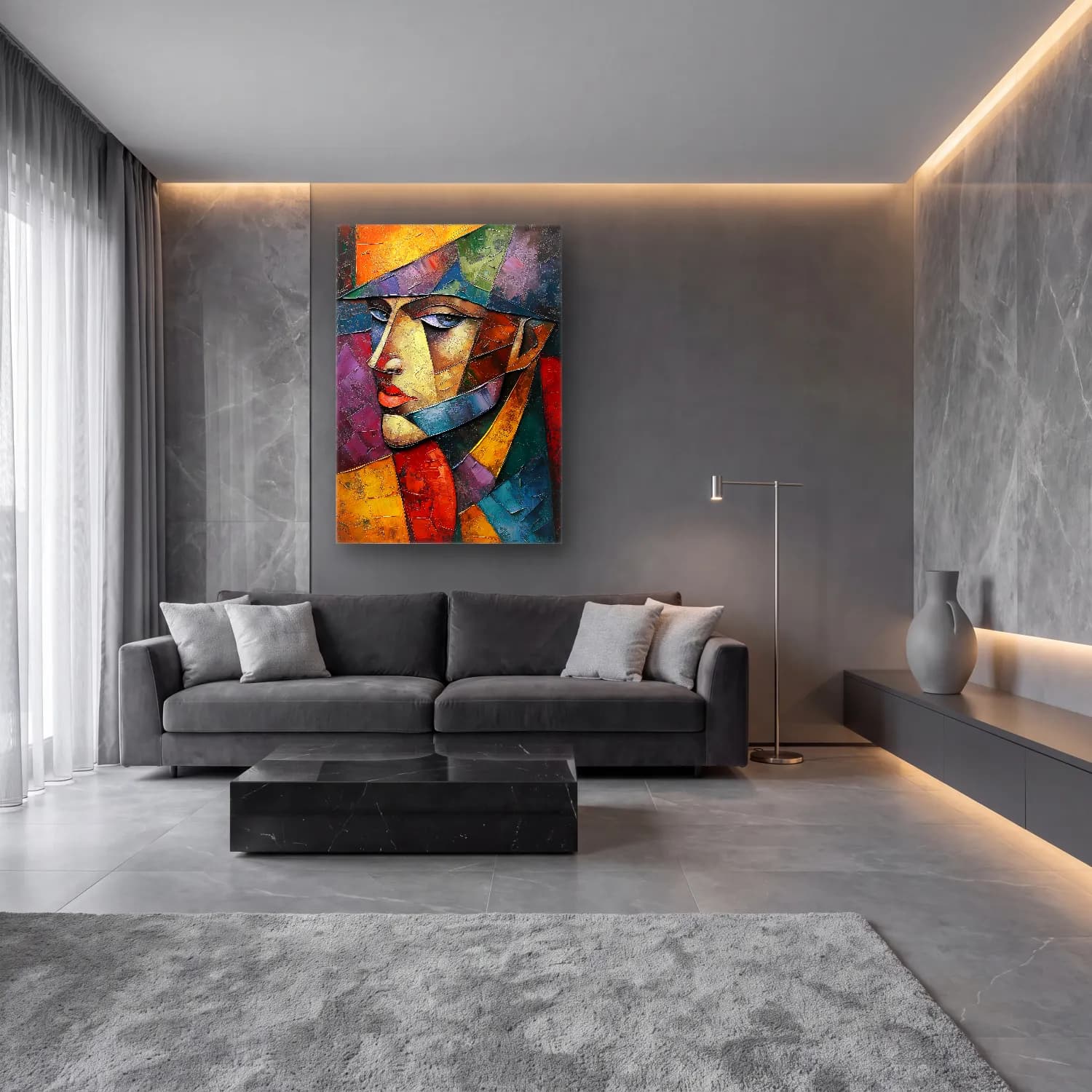 Modern Soyut Yüz – Mavi Tonlar cam tablo — lüks salon duvarında