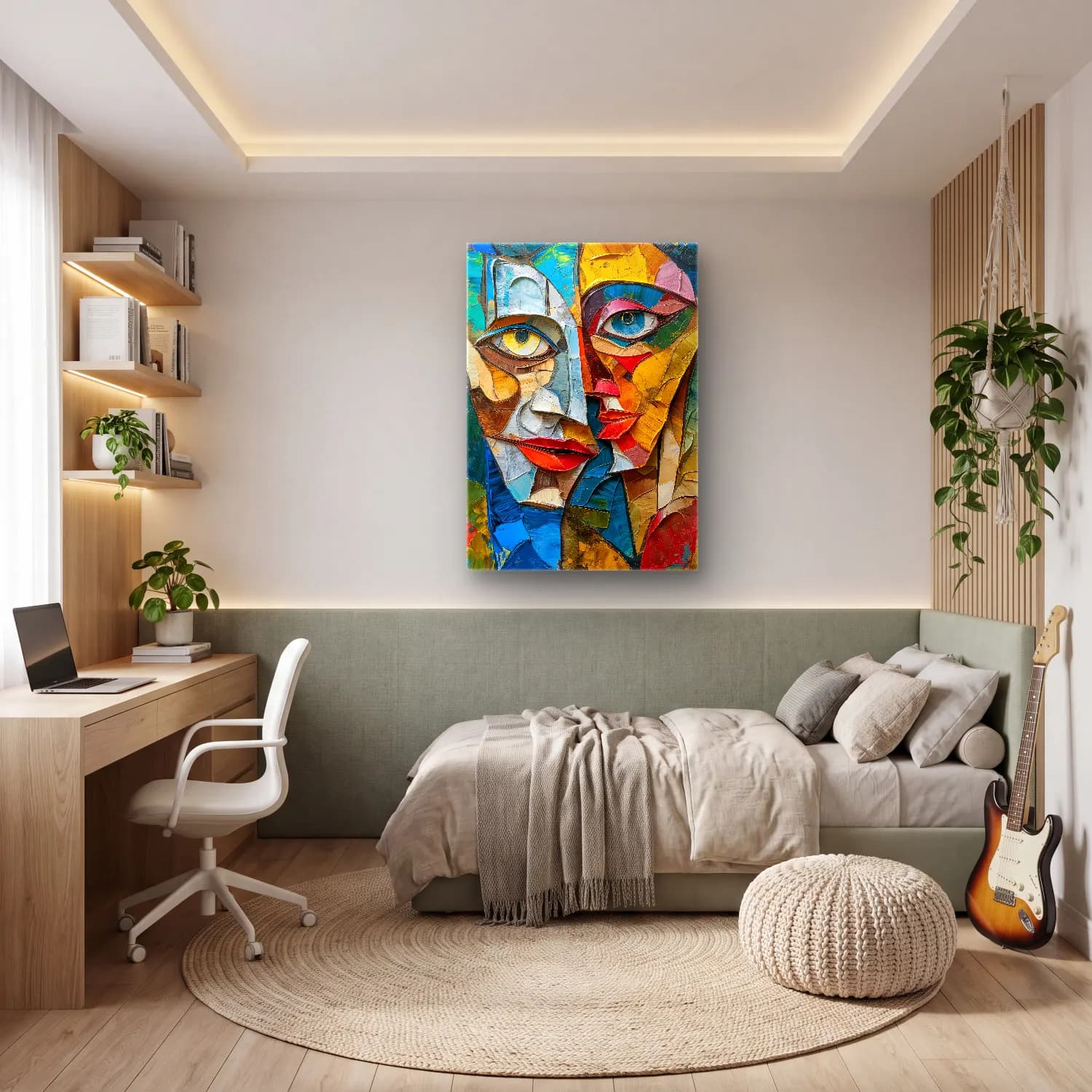 Modern Soyut Yüz No. 7 cam tablo — genç odasında