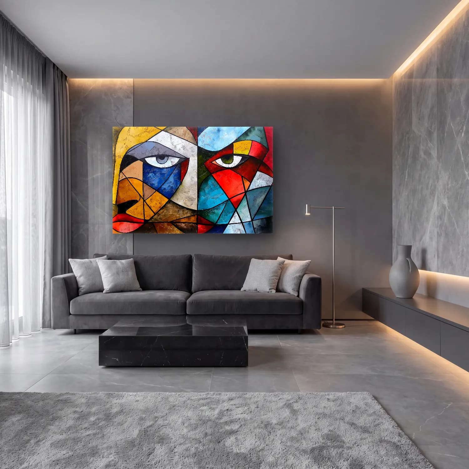 Modern Soyut Yüz – Siyah Beyaz Tonlar cam tablo — lüks salon duvarında
