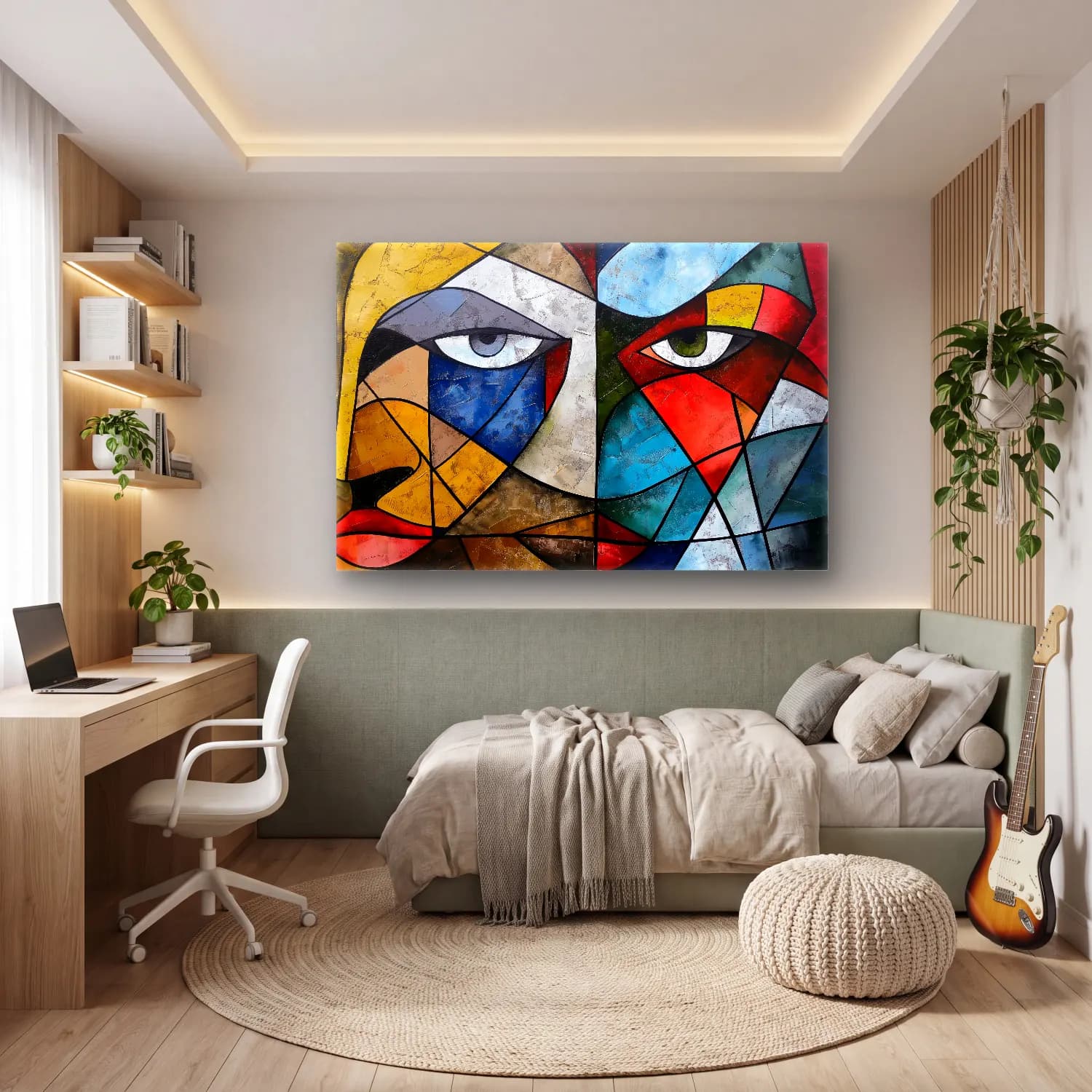 Modern Soyut Yüz – Siyah Beyaz Tonlar cam tablo — genç odasında