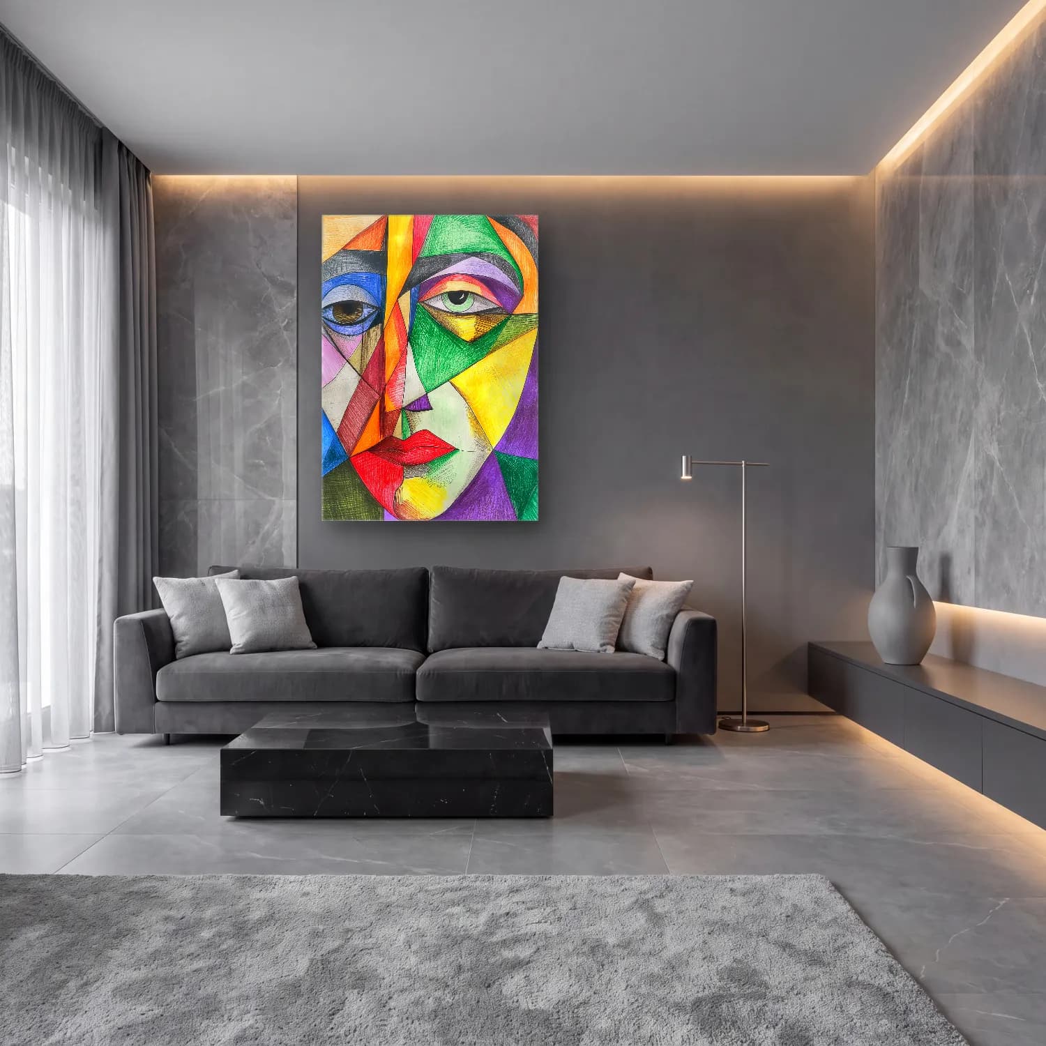 Modern Soyut Yüz – Pastel Tonlar cam tablo — lüks salon duvarında