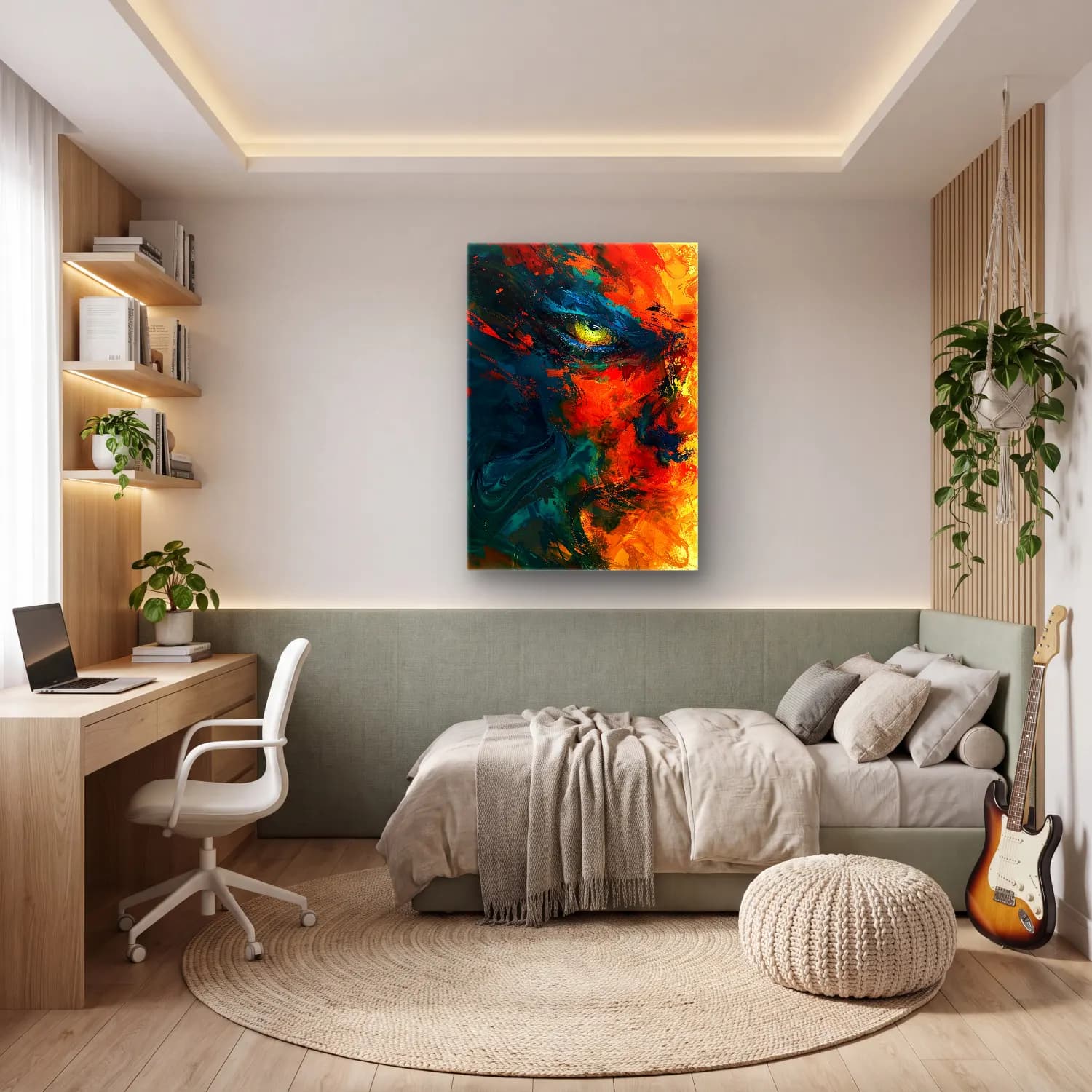 Modern Soyut Yüz No. 21 cam tablo — genç odasında